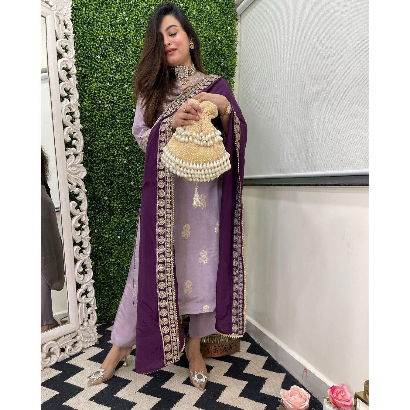 Gosriki Women's Rayon Viscose Printed Straight Kurta With Pant & Dupatta (Udh Purple-Gs_S_Purple_Small)