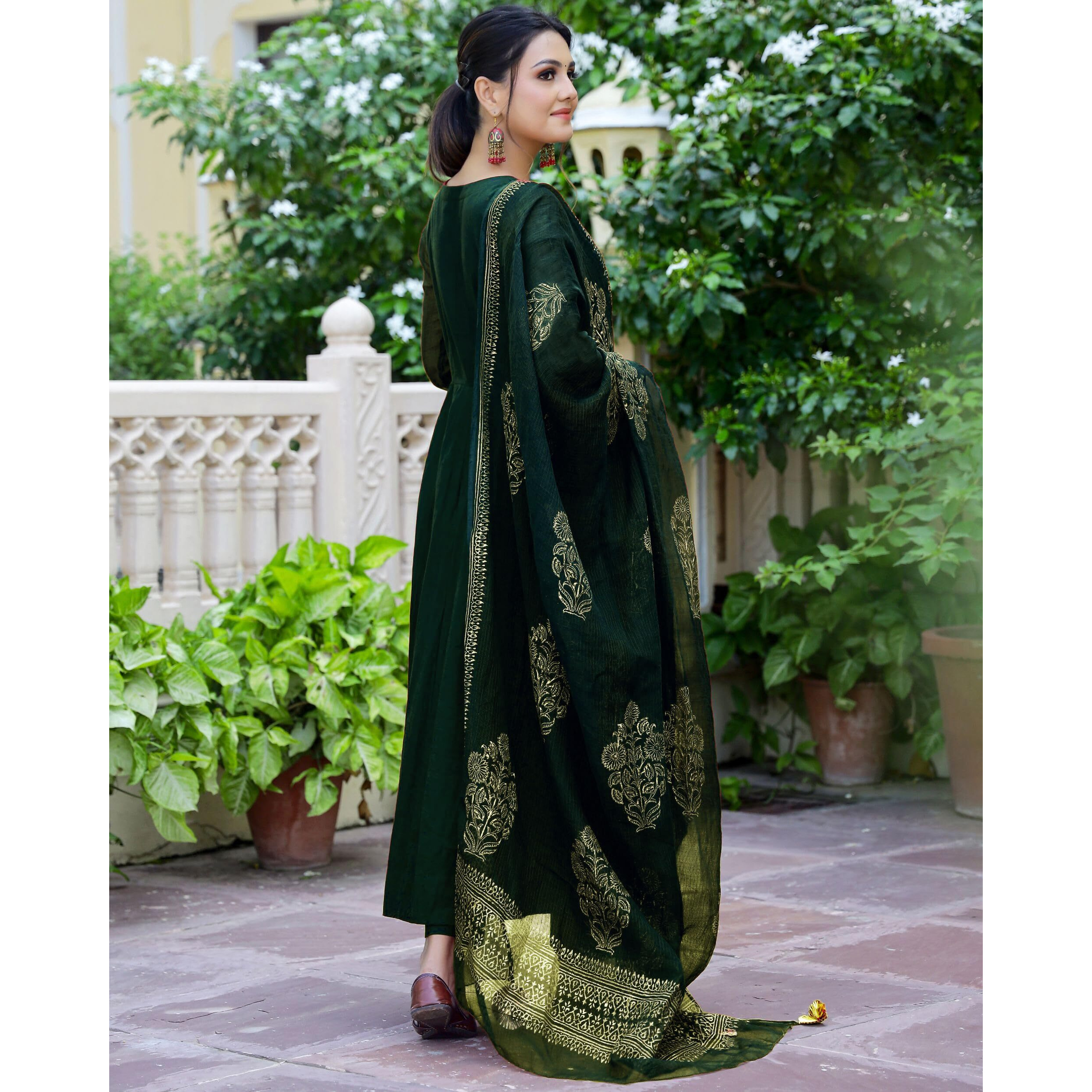 Gosriki Women's Cotton Blend Solid Anarkali Kurta With Pant & Dupatta (Magic-Green-Gs_L_Green_Large)