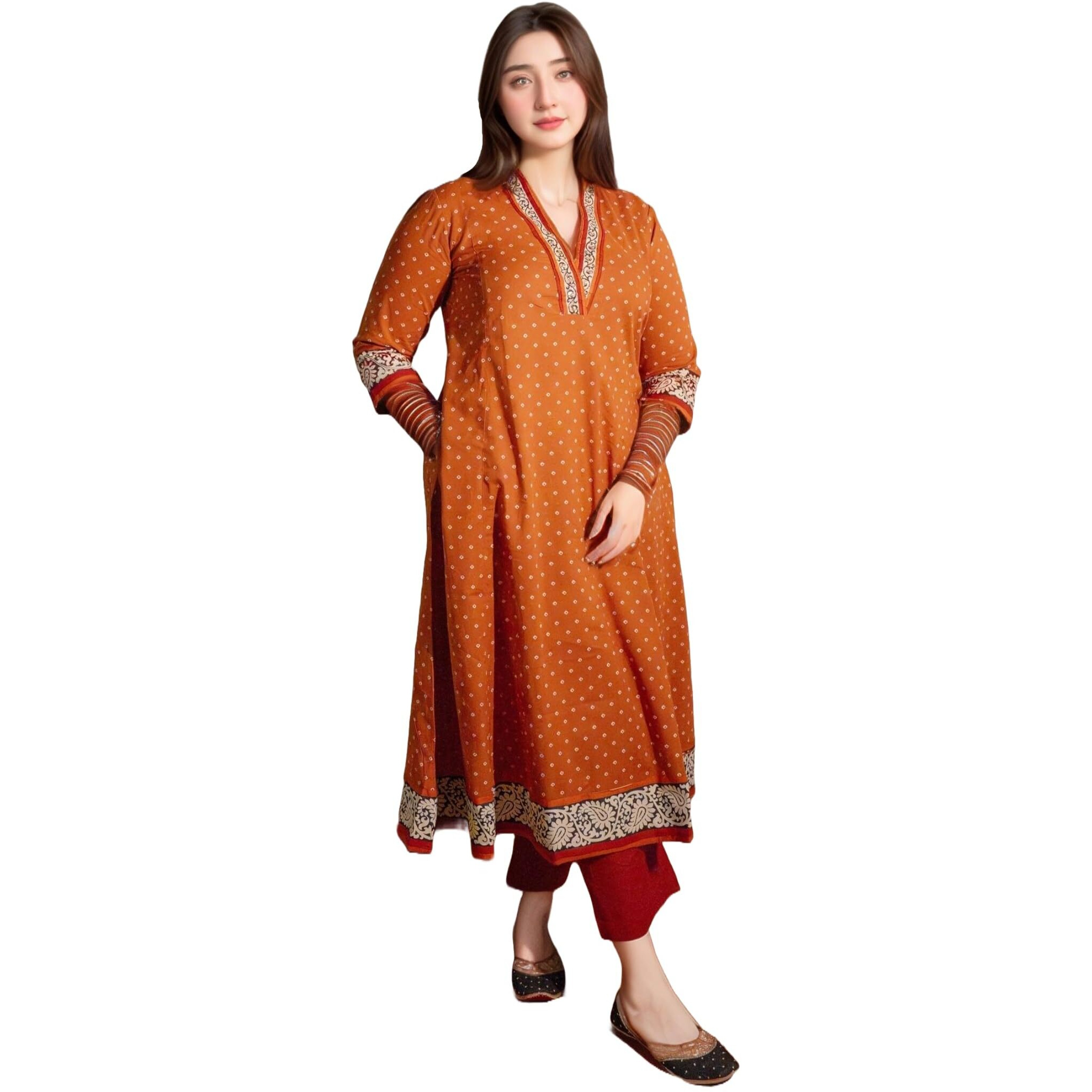 Gosriki Women's Rayon Blend Anarkali Printed Kurta With Pant (Karidos Orange-Vks05-Gs_Xl_Orange_X-Large)