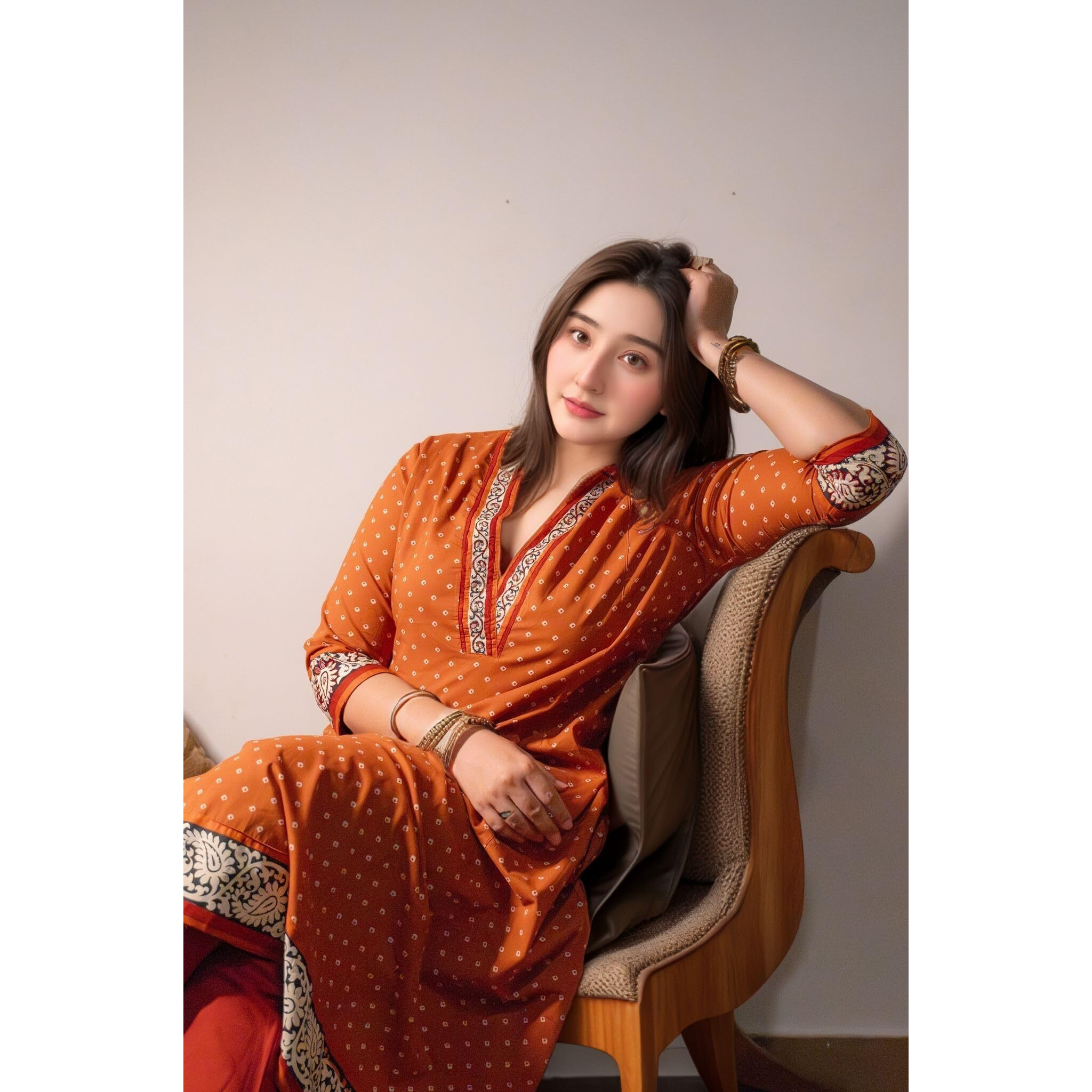 Gosriki Women's Rayon Blend Anarkali Printed Kurta With Pant (Karidos Orange-Vks05-Gs_Xl_Orange_X-Large)