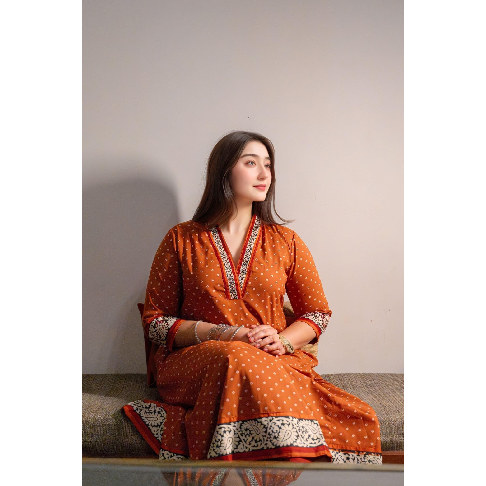 Gosriki Women's Rayon Blend Anarkali Printed Kurta With Pant (Karidos Orange-Vks05-Gs_Xl_Orange_X-Large)