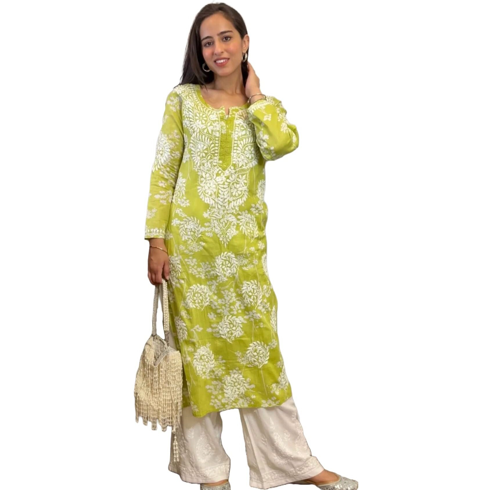 Gosriki Women's Cotton Blend Straight Chikankari Embroidered Kurta (Zainab-Green-Gs_Xl_Green_X-Large)