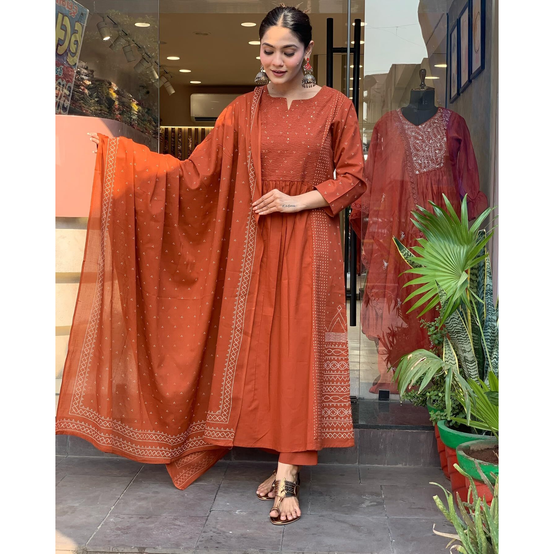 Gosriki Women's Rayon Viscose Anarkali Printed Kurta With Pant & Dupatta (Hamlet Orange-Gs_Xl_Orange_X-Large)