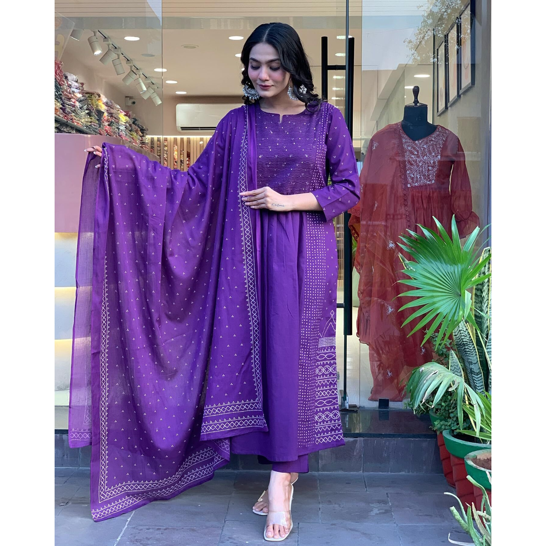 Gosriki Women's Rayon Viscose Anarkali Printed Kurta With Pant & Dupatta (Hamlet Begani-Gs_S_Begani_Small)