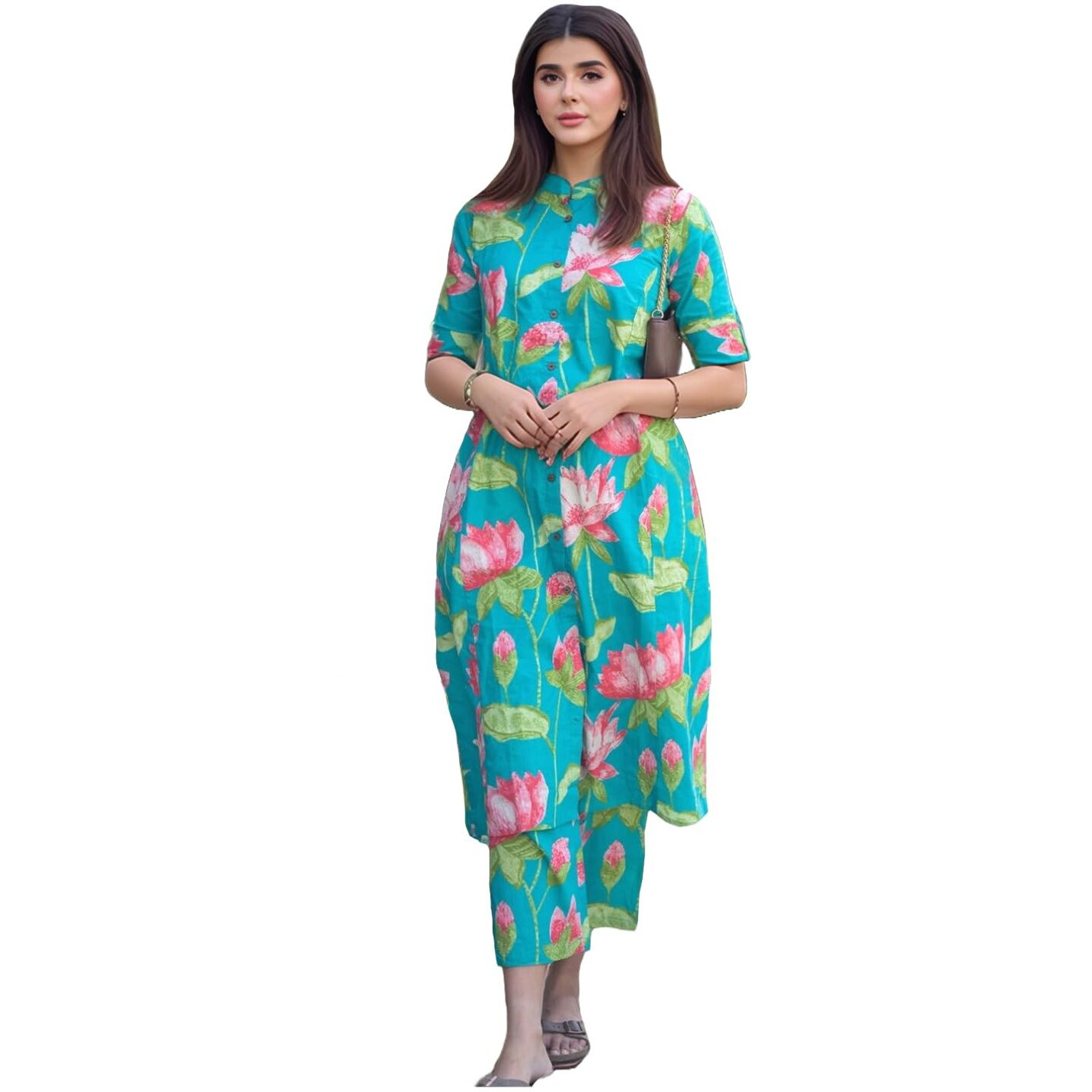 Gosriki Women's Rayon Viscose Printed A-Line Kurta With Pant (Ladat Green-Vks06-Gs_L_Green_Large)