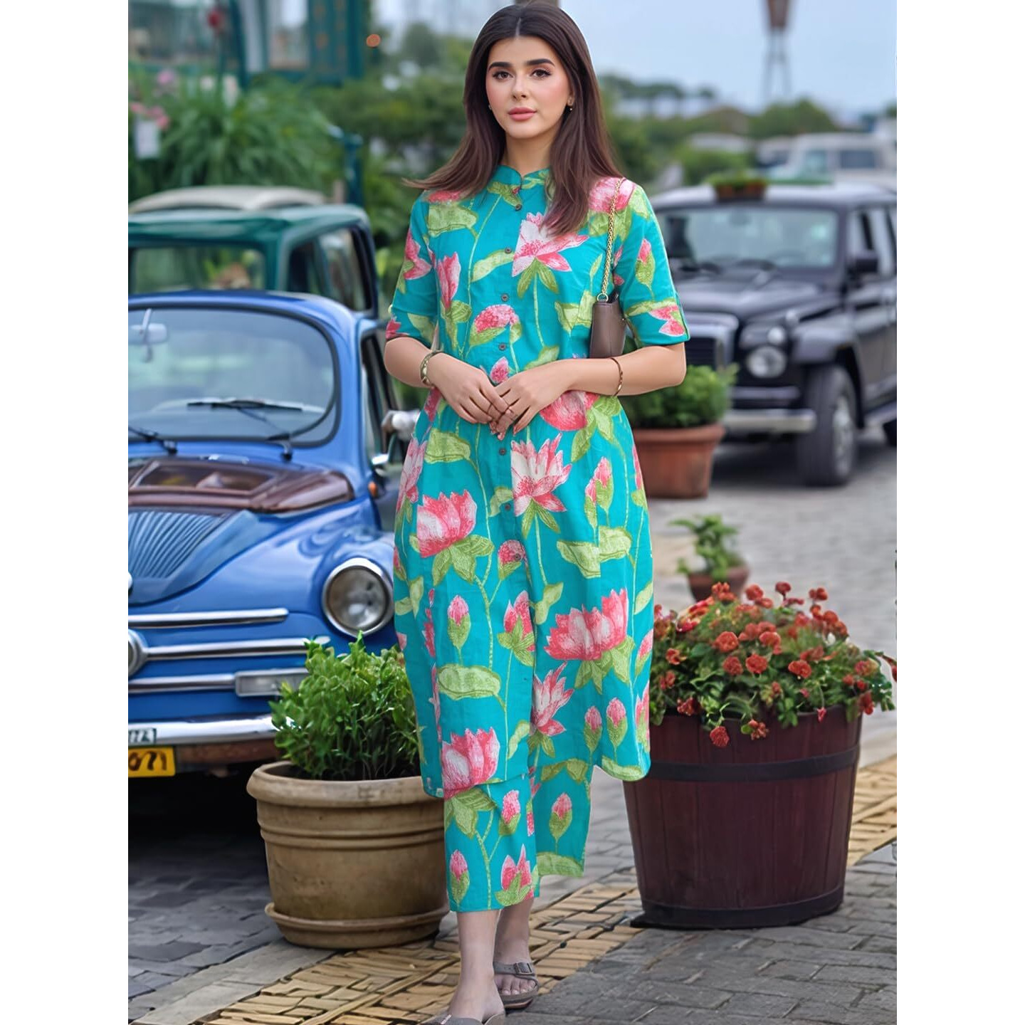 Gosriki Women's Rayon Viscose Printed A-Line Kurta With Pant (Ladat Green-Vks06-Gs_L_Green_Large)