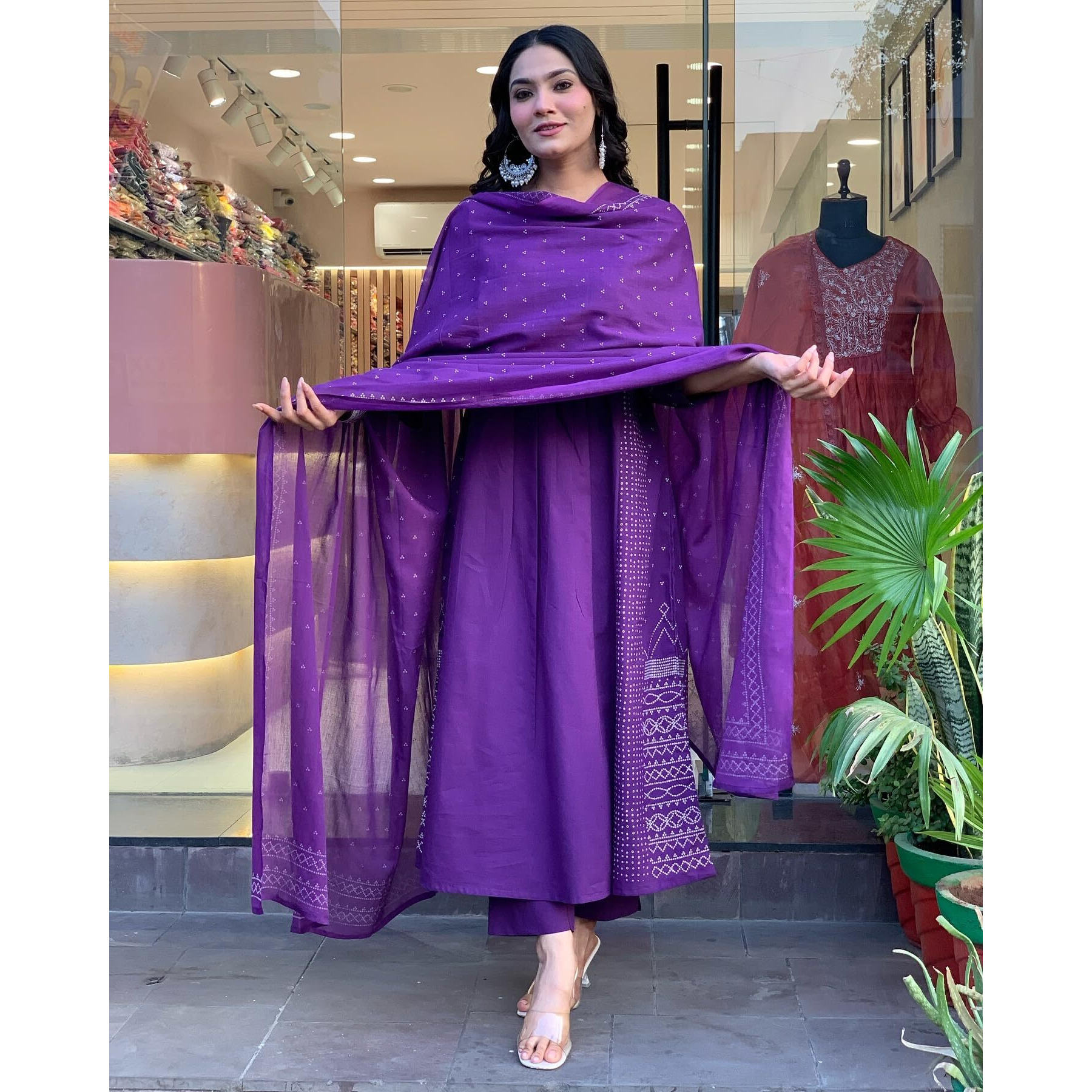 Gosriki Women's Rayon Viscose Anarkali Printed Kurta With Pant & Dupatta (Hamlet Begani-Gs_Xl_Begani_X-Large)