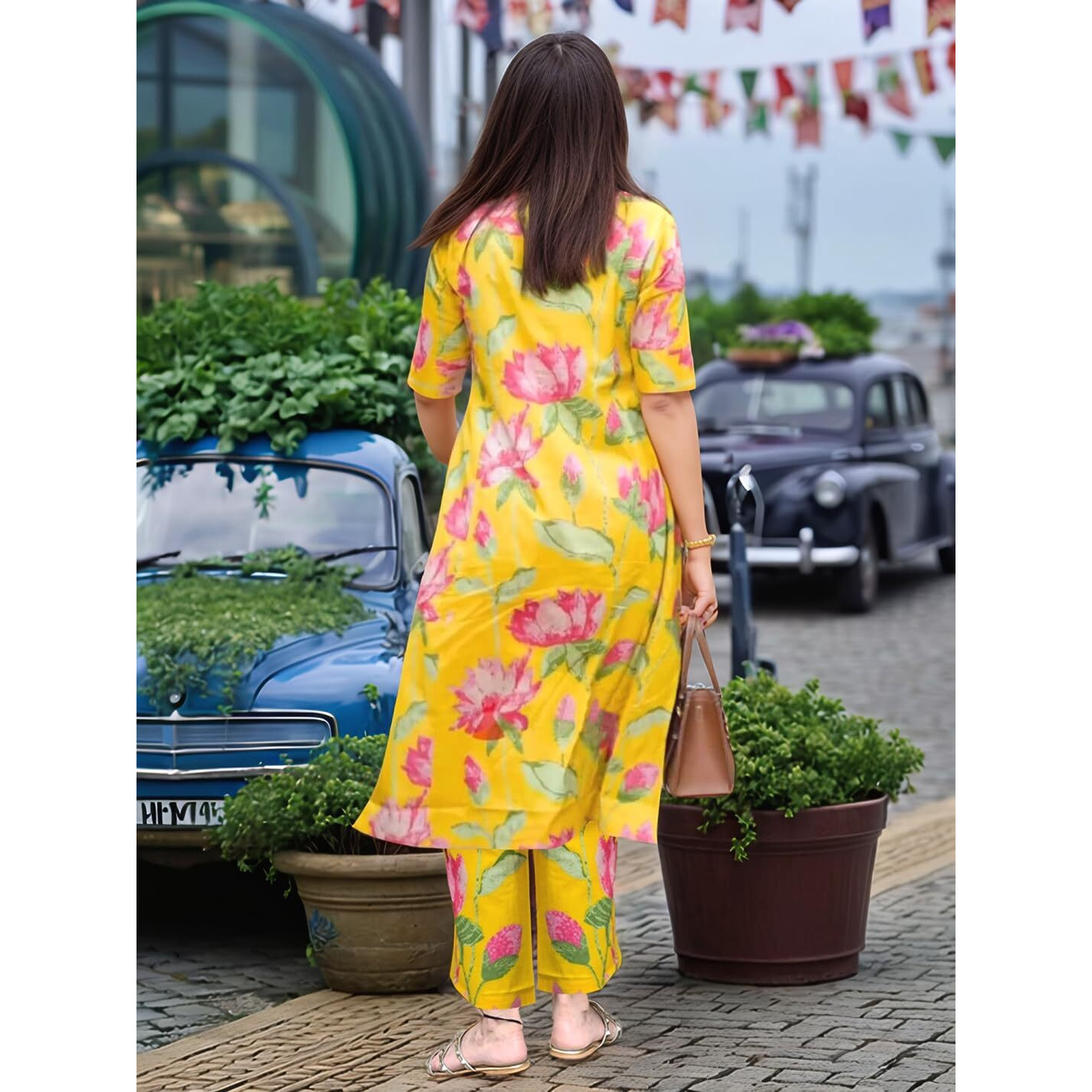 Gosriki Women's Rayon Viscose Printed A-Line Kurta With Pant (Ladat Yellow-Vks06-Gs_L_Yellow_Large)