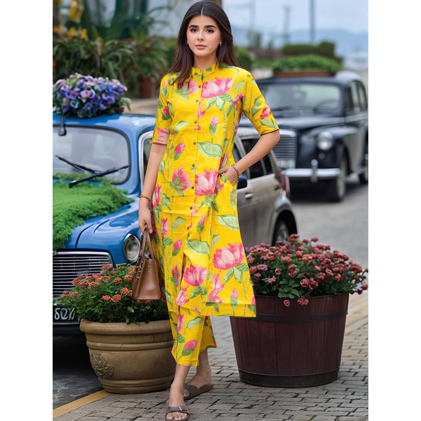 Gosriki Women's Rayon Viscose Printed A-Line Kurta With Pant (Ladat Yellow-Vks06-Gs_L_Yellow_Large)