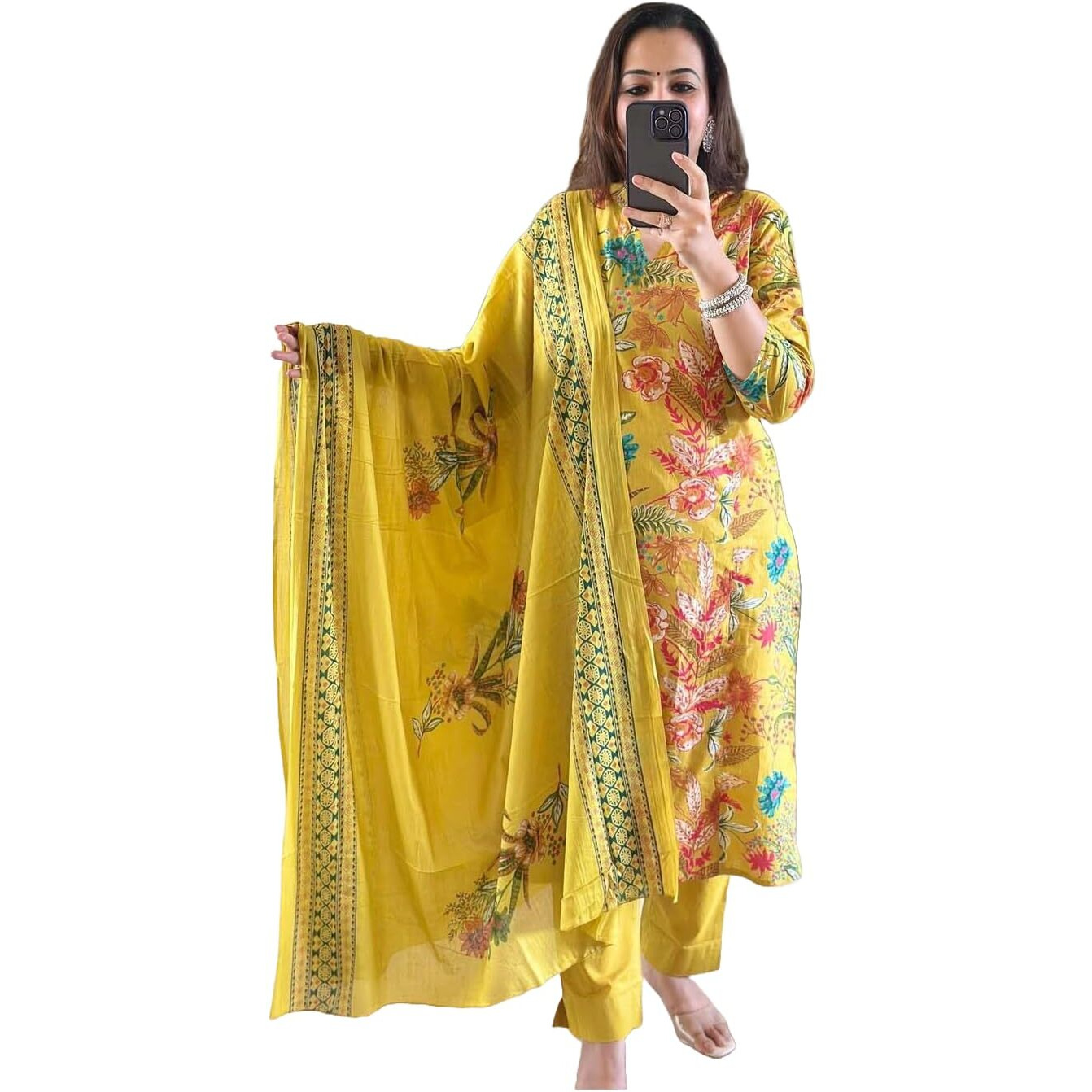 Gosriki Women's Rayon Blend Printed Straight Kurta With Pant & Dupatta (Pubani Mustard-Gs_M_Mustard_Medium)