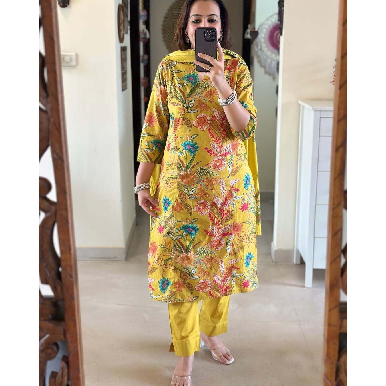 Gosriki Women's Rayon Blend Printed Straight Kurta With Pant & Dupatta (Pubani Mustard-Gs_M_Mustard_Medium)