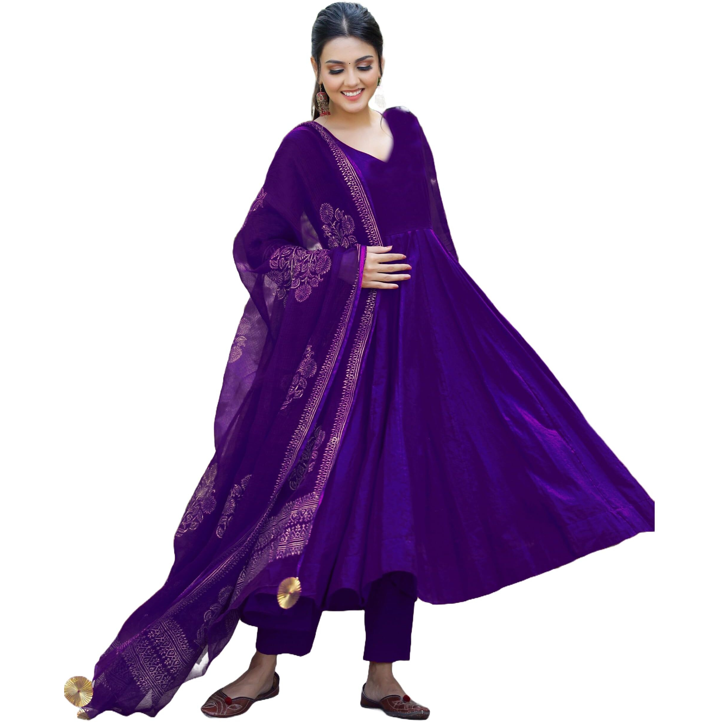 Gosriki Women's Cotton Blend Solid Anarkali Kurta With Pant & Dupatta (Magic-Violet-Gs_Xl_Violet_X-Large)