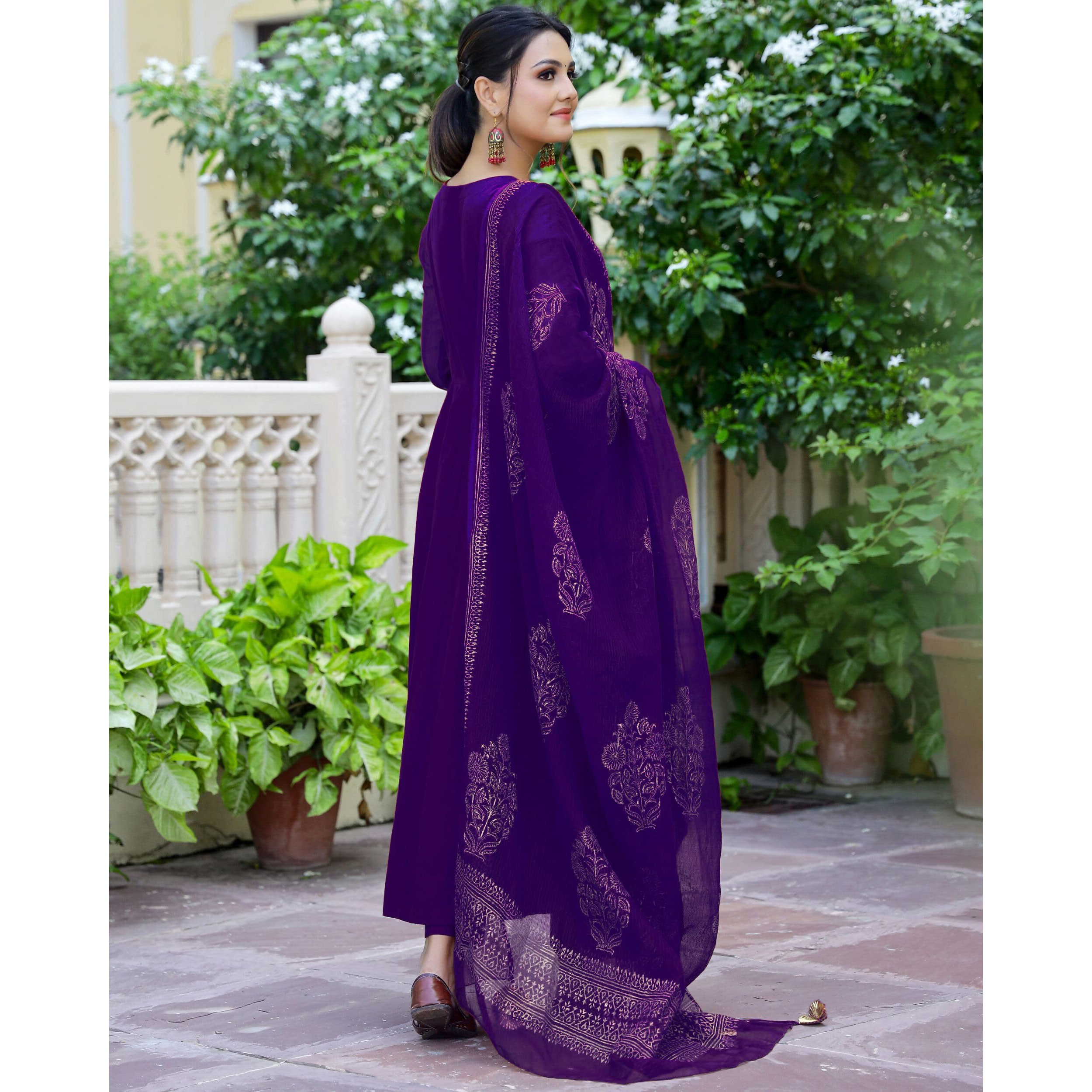 Gosriki Women's Cotton Blend Solid Anarkali Kurta With Pant & Dupatta (Magic-Violet-Gs_Xl_Violet_X-Large)
