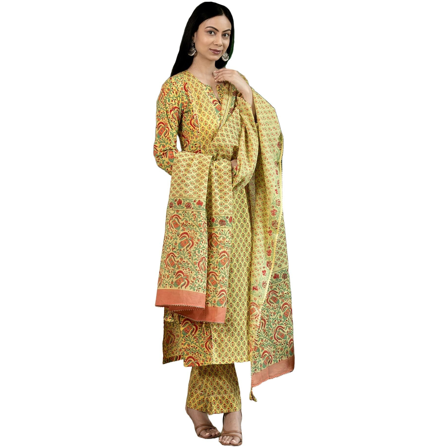 Gosriki Women's Rayon Viscose Printed Straight Kurta With Pant & Dupatta (Sanghvi Yellow-Gs_M_Yellow_Medium)