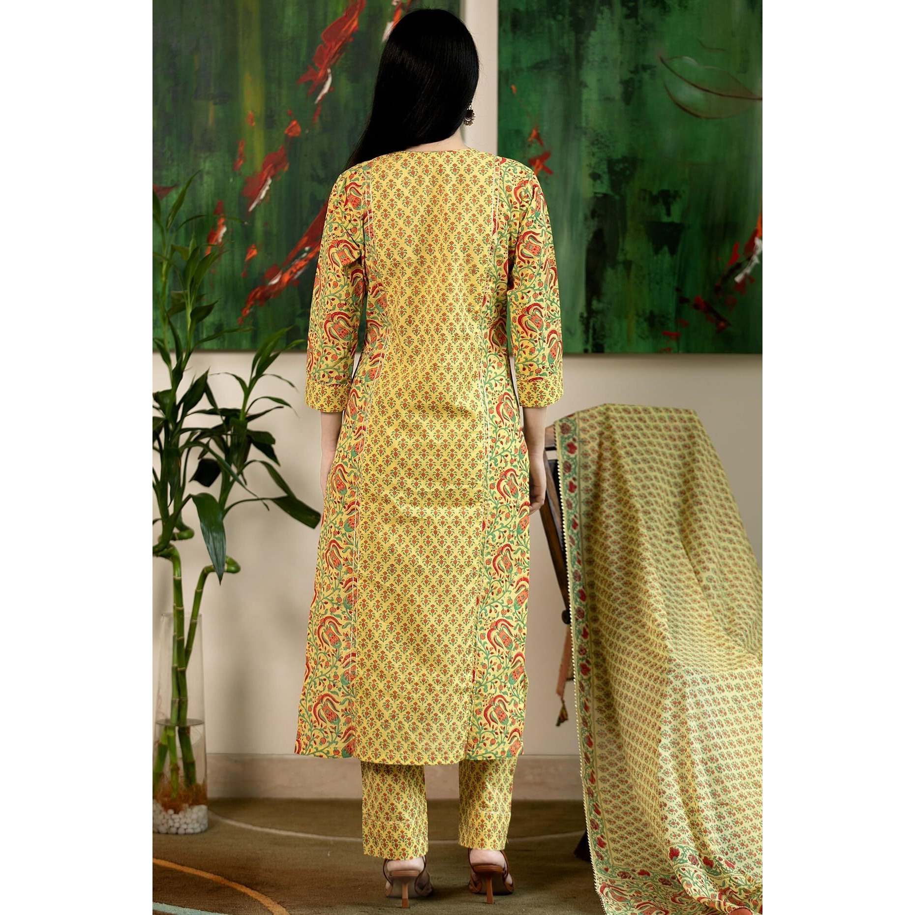 Gosriki Women's Rayon Viscose Printed Straight Kurta With Pant & Dupatta (Sanghvi Yellow-Gs_Xl_Yellow_X-Large)