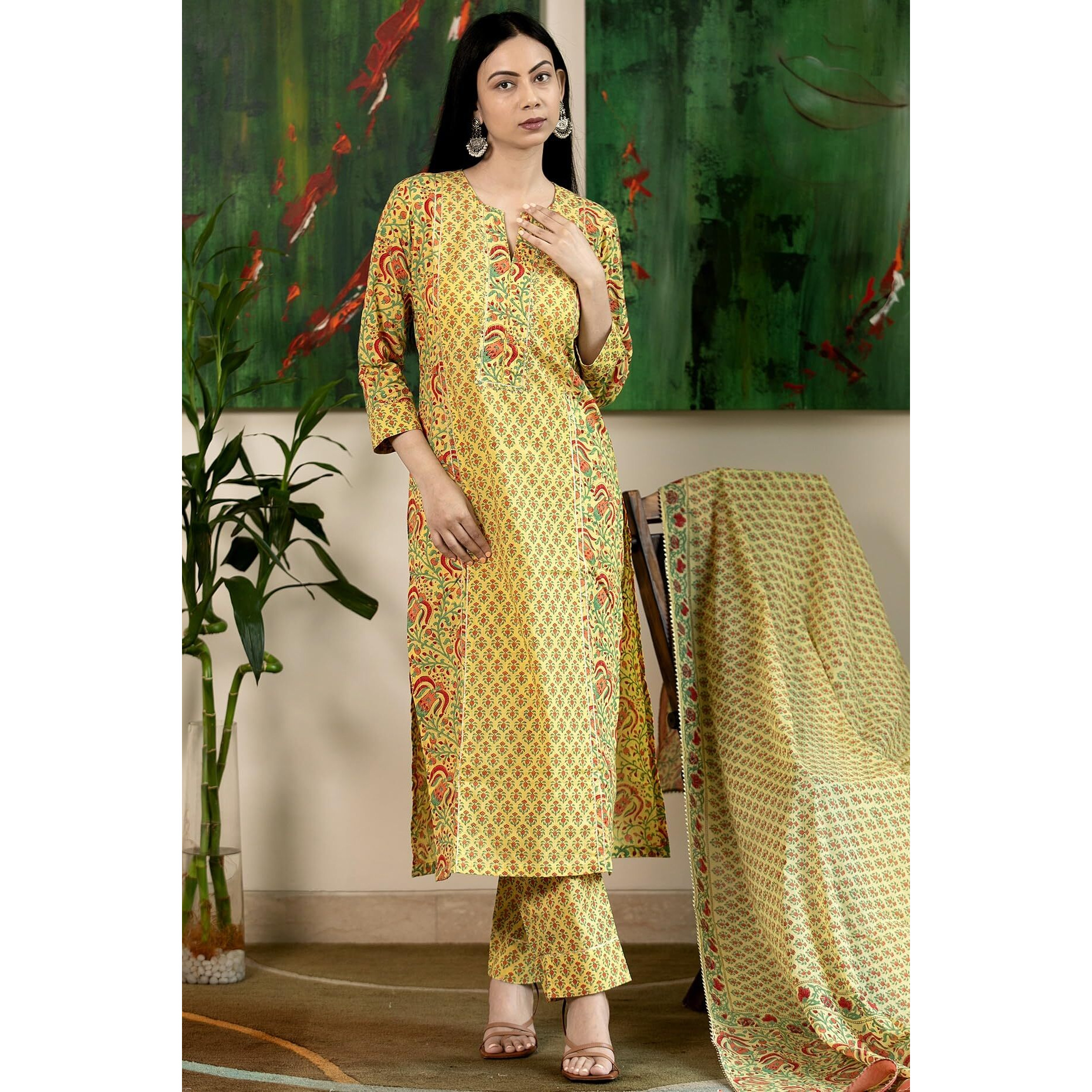 Gosriki Women's Rayon Viscose Printed Straight Kurta With Pant & Dupatta (Sanghvi Yellow-Gs_Xl_Yellow_X-Large)