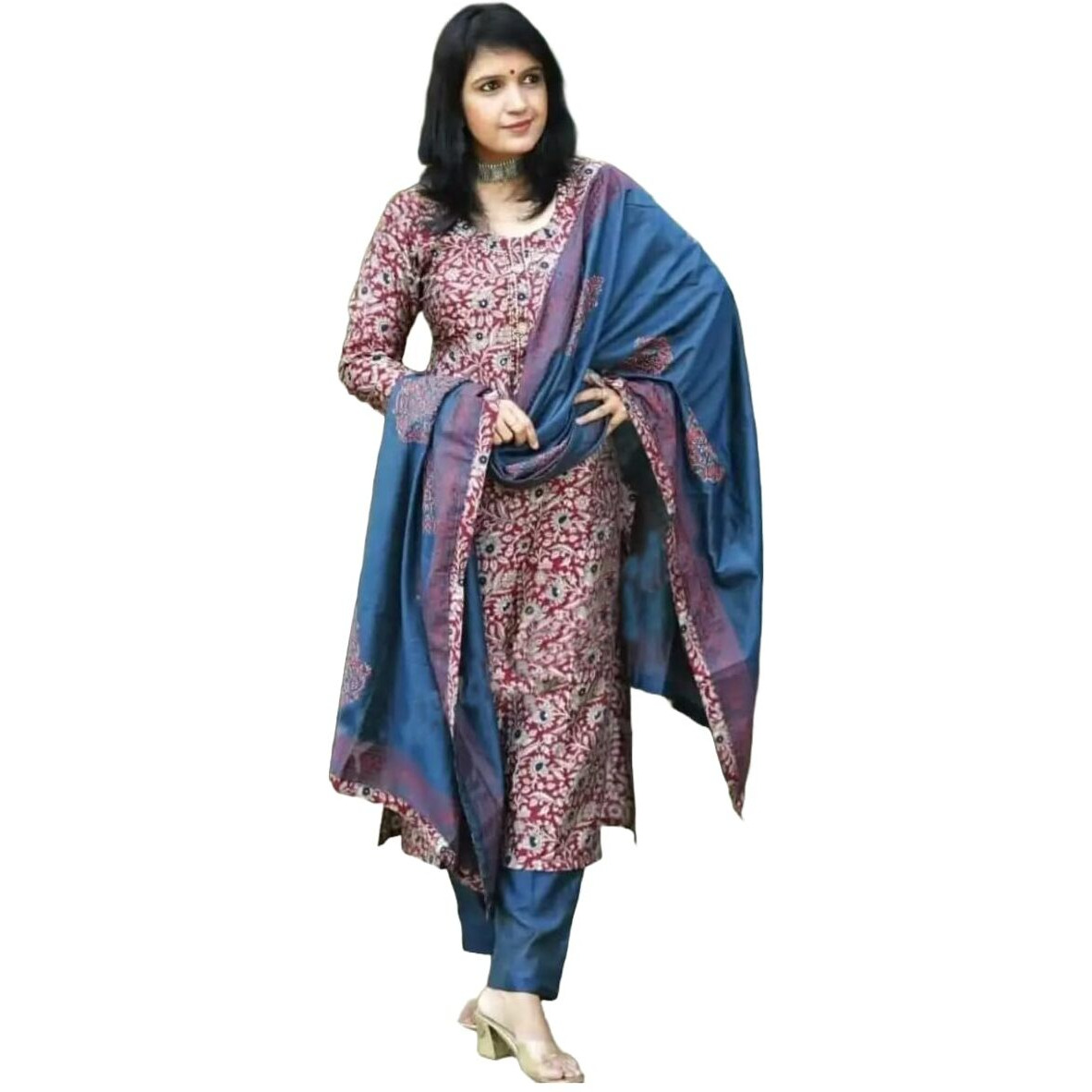 Gosriki Women's Rayon Blend Straight Printed Kurta With Pant & Dupatta (Parimat Red-Gs_S_Red_Small)