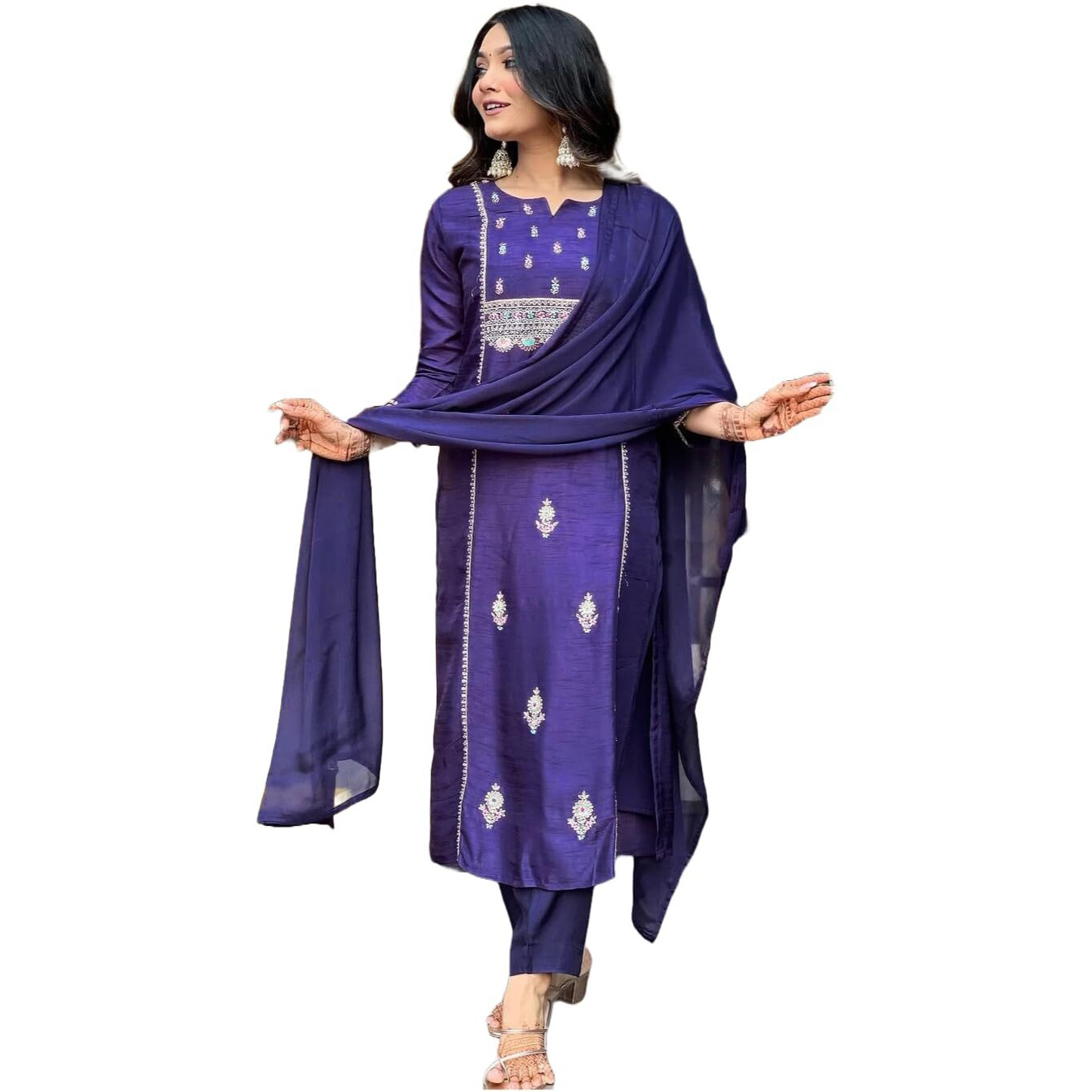 Gosriki Women's Cotton Blend Embroidered Straight Kurta With Pant & Dupatta (Nepoli Begani-Gs_S_Purple_Small)