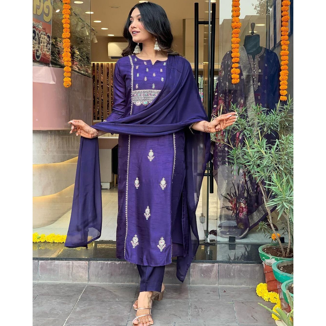 Gosriki Women's Cotton Blend Embroidered Straight Kurta With Pant & Dupatta (Nepoli Begani-Gs_S_Purple_Small)