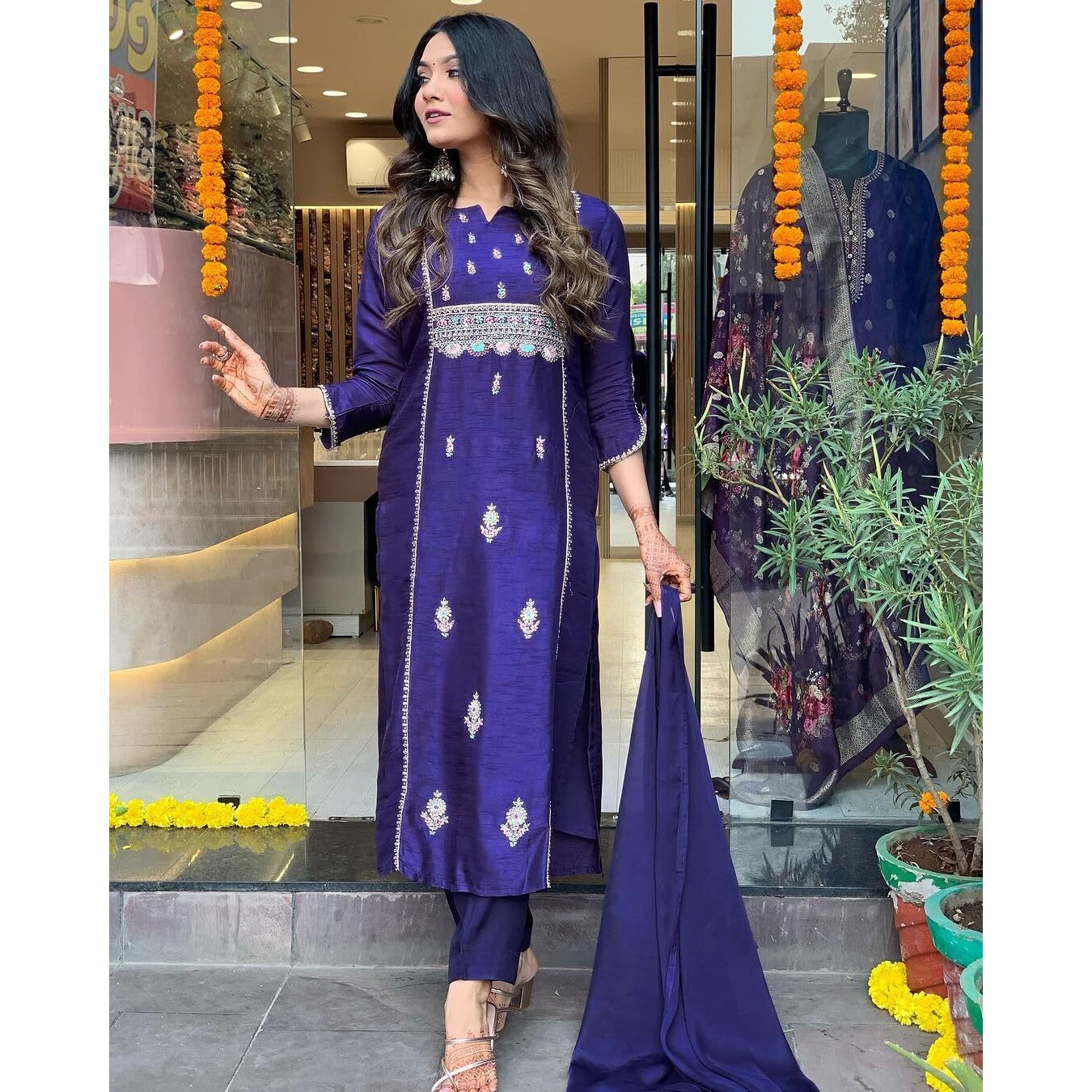 Gosriki Women's Cotton Blend Embroidered Straight Kurta With Pant & Dupatta (Nepoli Begani-Gs_S_Purple_Small)