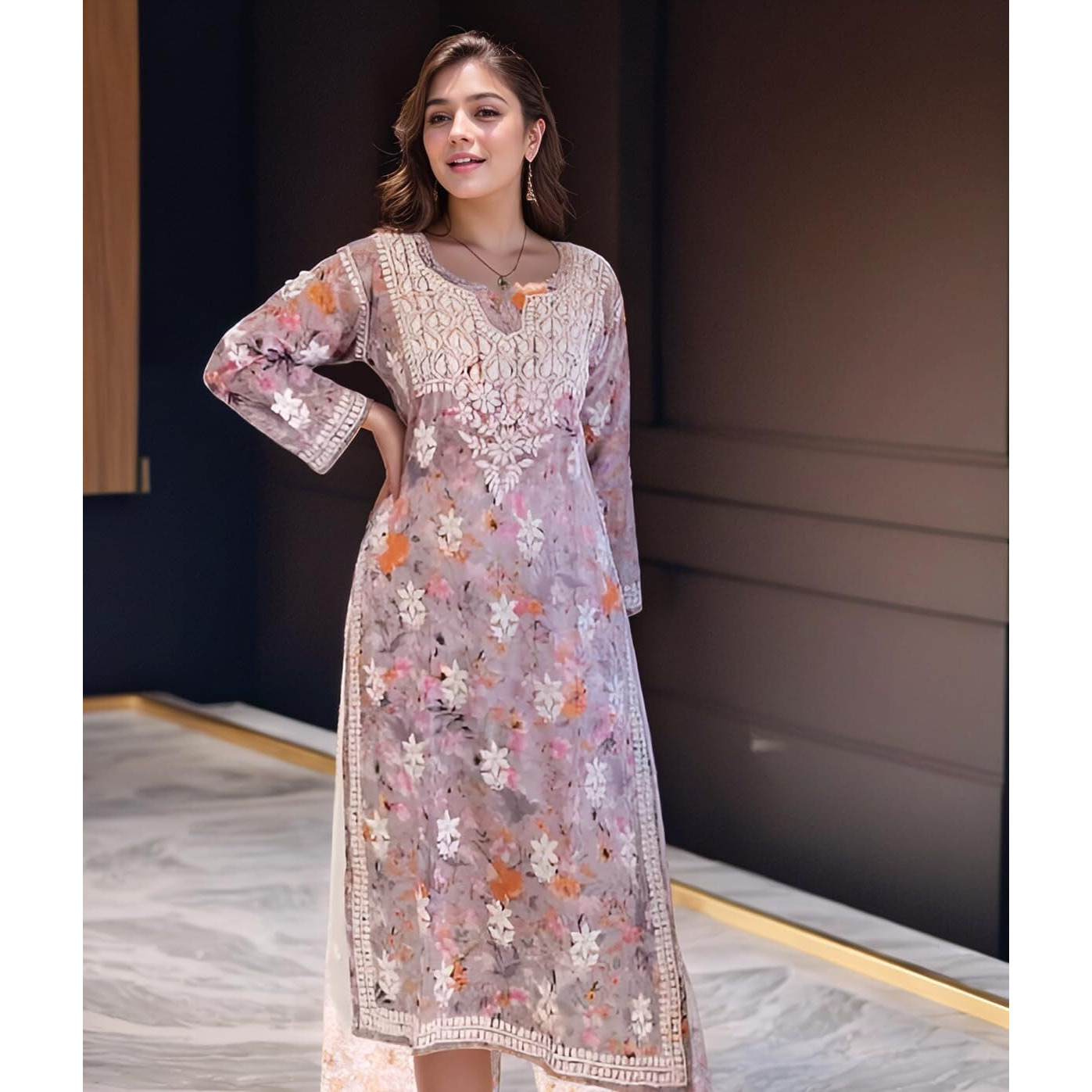 Gosriki Women's Rayon Viscose Printed & Chikankari Embroidered Straight Kurta (Kisrup Multi-Vks03-Gs_S_Grey_Small)
