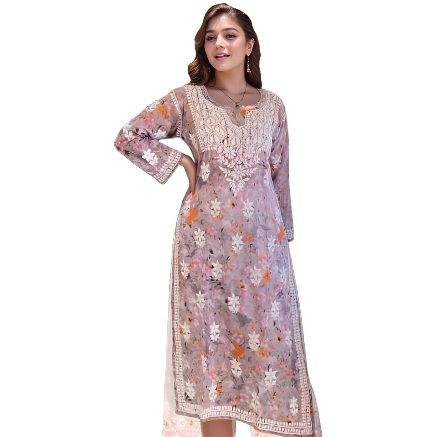 Gosriki Women's Rayon Viscose Printed & Chikankari Embroidered Straight Kurta (Kisrup Multi-Vks03-Gs_L_Grey_Large)