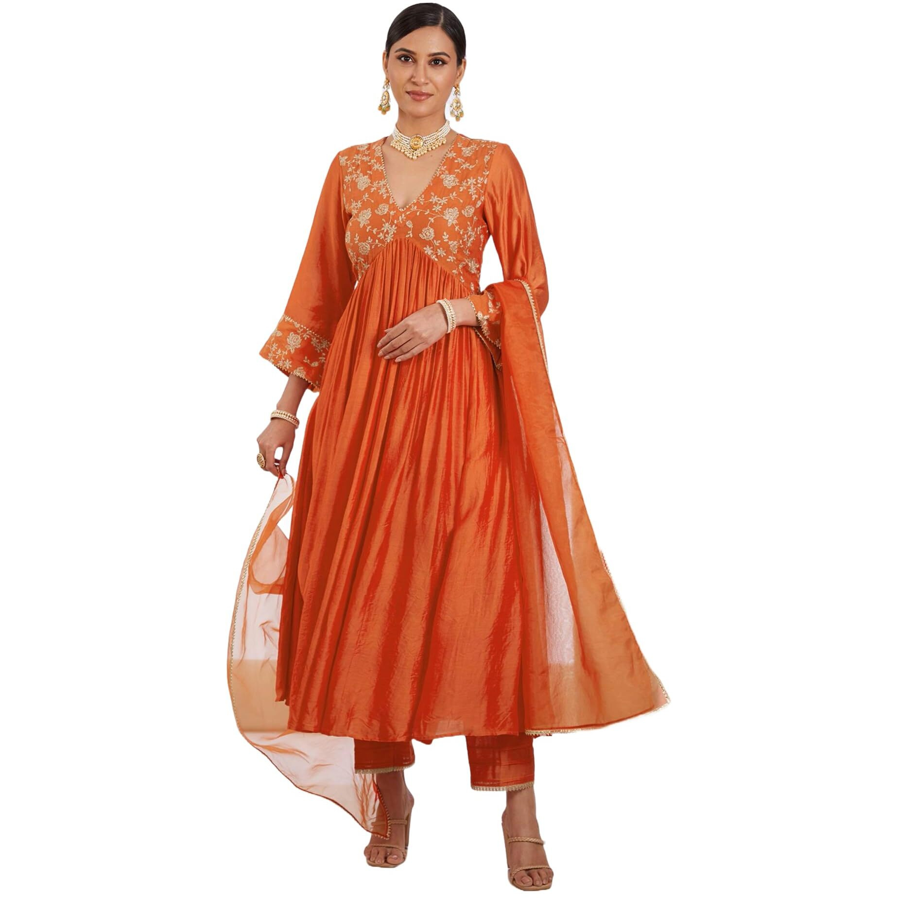 Gosriki Women's Cotton Blend Anarkali Embroidered Kurta With Pant & Dupatta (Kanakam Orange-Gs_4Xl_Orange_Xxxx-Large)