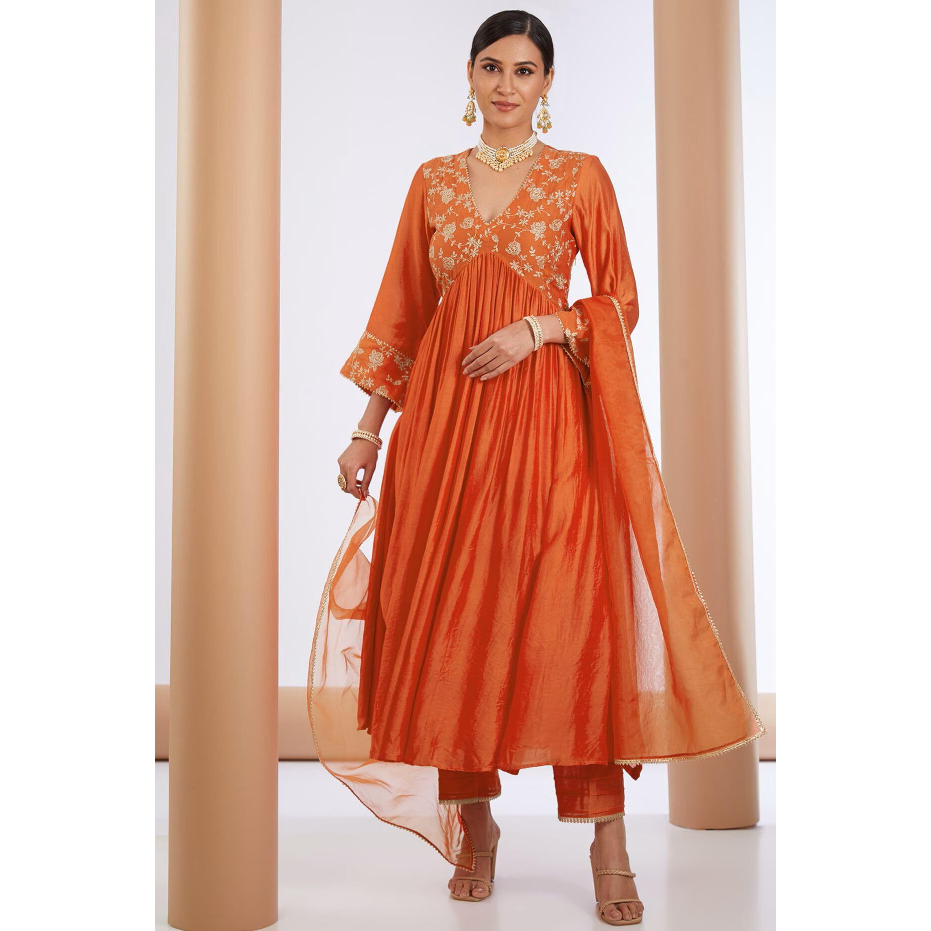 Gosriki Women's Cotton Blend Anarkali Embroidered Kurta With Pant & Dupatta (Kanakam Orange-Gs_4Xl_Orange_Xxxx-Large)