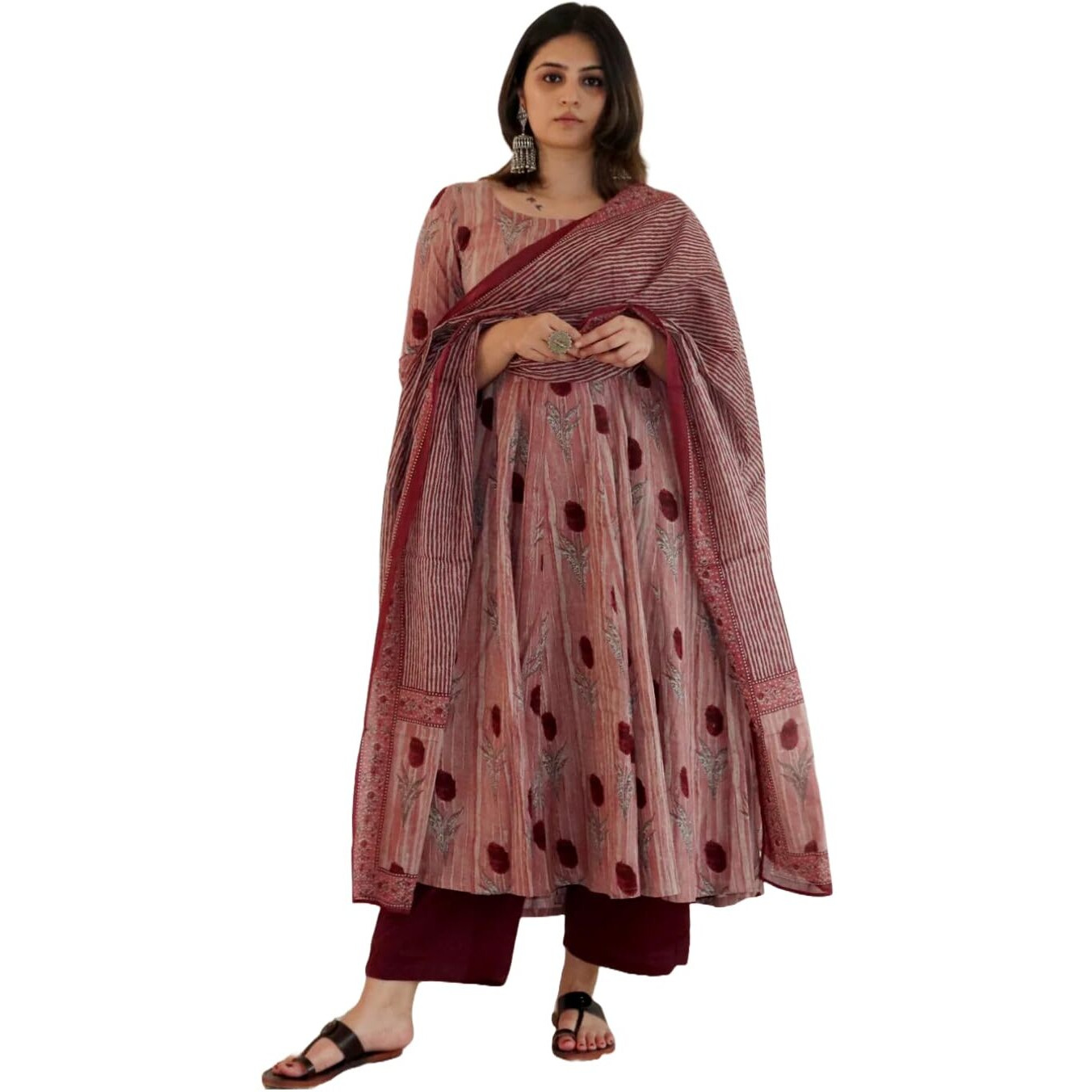 Gosriki Women's Rayon Blend Printed Anarkali Kurta With Pant & Dupatta (Prisha Wine-Gs_3Xl_Wine_Xxx-Large)