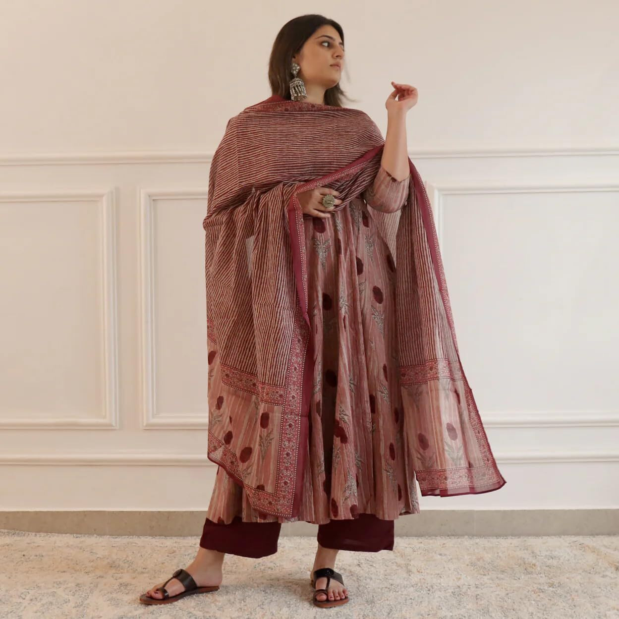 Gosriki Women's Rayon Blend Printed Anarkali Kurta With Pant & Dupatta (Prisha Wine-Gs_3Xl_Wine_Xxx-Large)