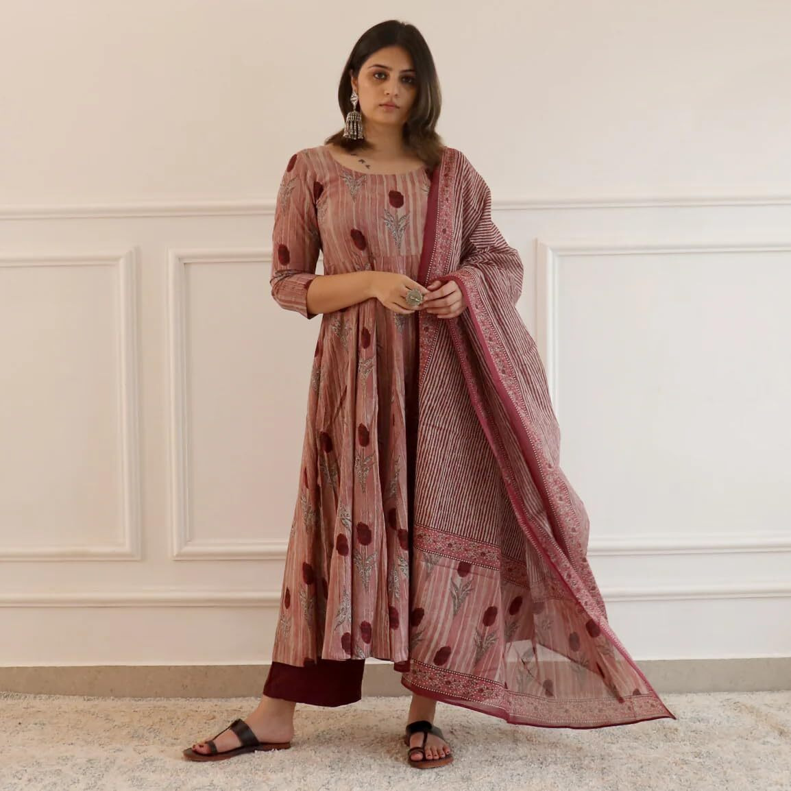 Gosriki Women's Rayon Blend Printed Anarkali Kurta With Pant & Dupatta (Prisha Wine-Gs_3Xl_Wine_Xxx-Large)