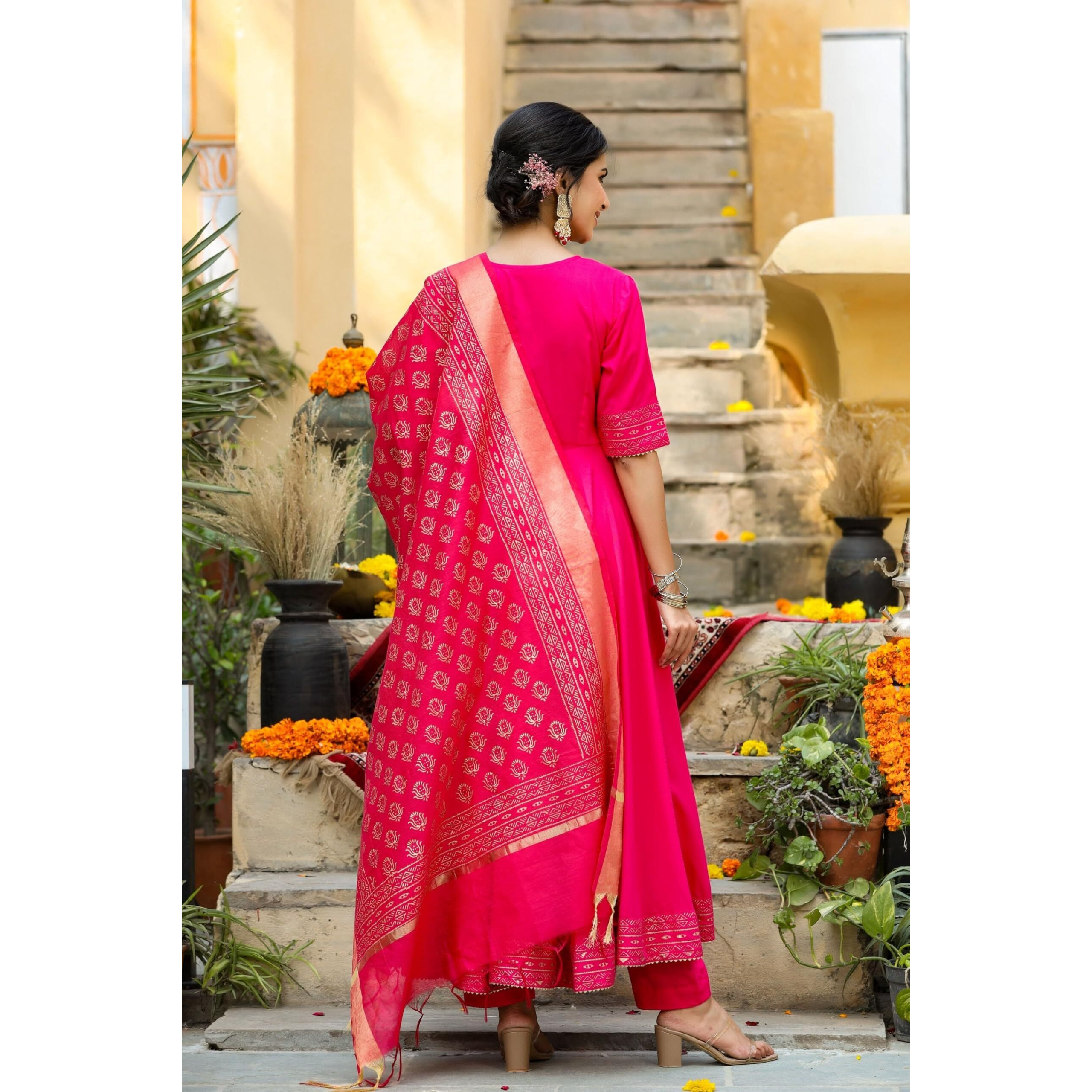 Gosriki Women's Rayon Blend Anarkali Solid Kurta With Pant & Dupatta (Ganpati-Rani-Gs_M_Pink_Medium)