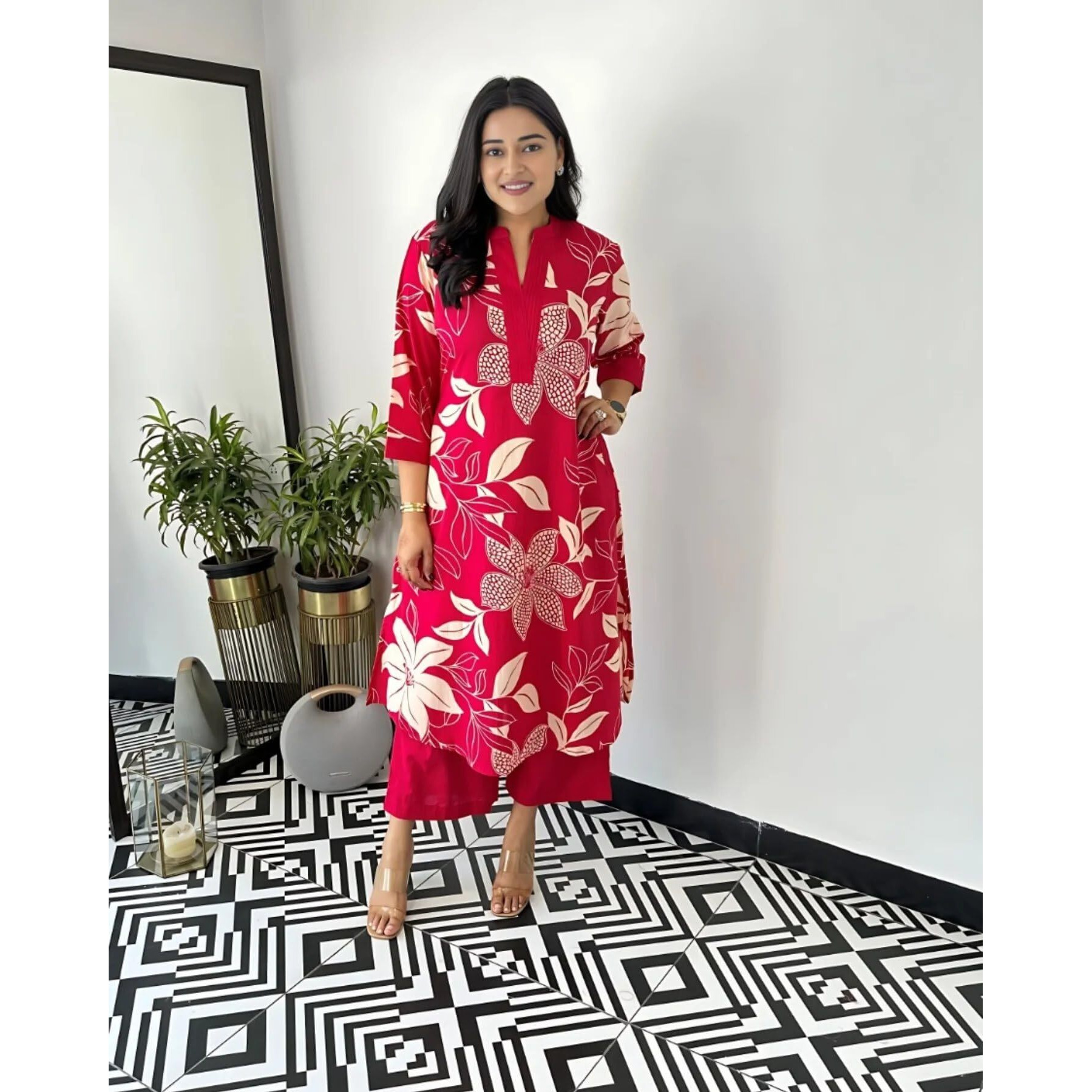 Gosriki Women's Rayon Viscose Straight Printed Kurta With Palazzo (Savya Pink-Gs_S_Pink_Small)