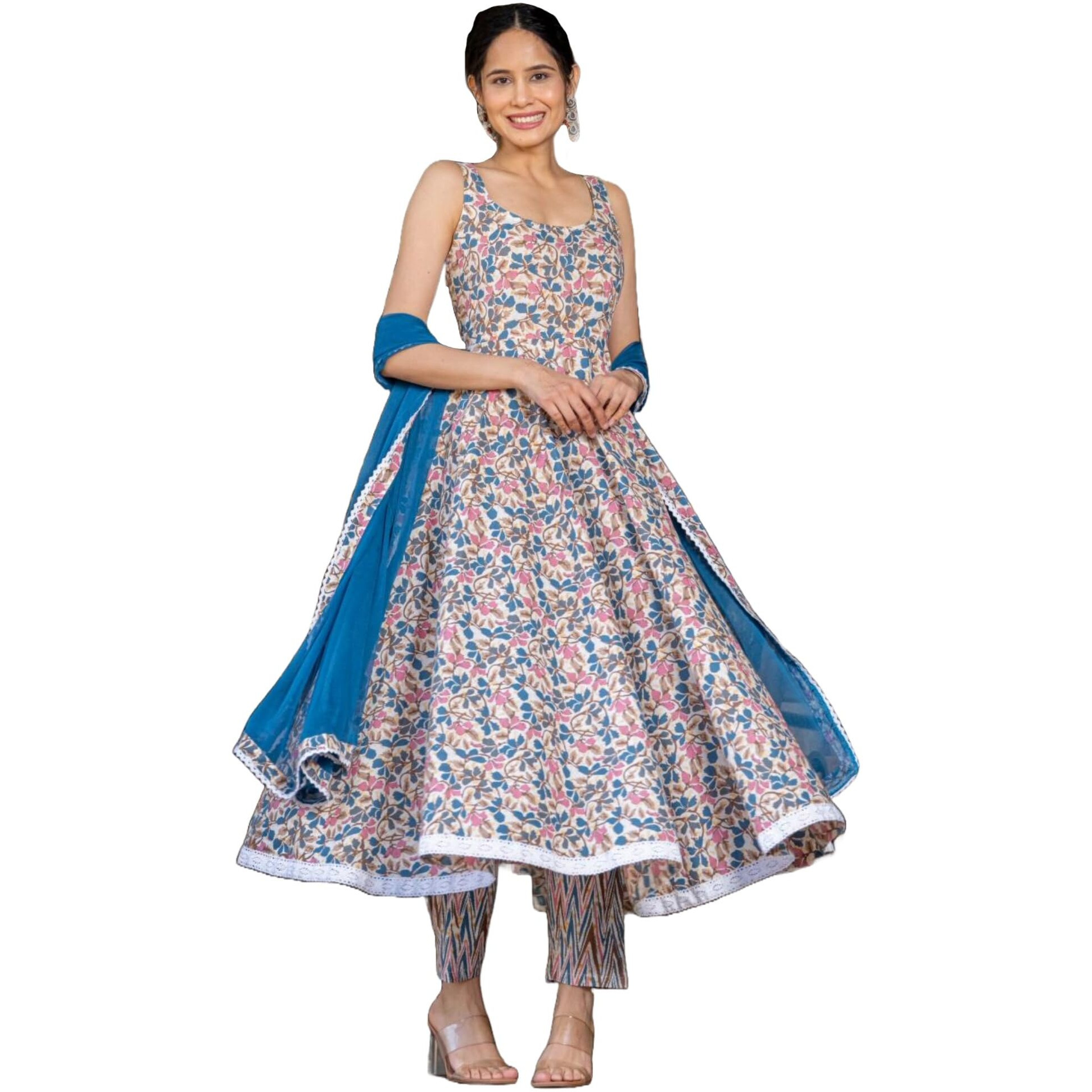 Gosriki Women's Rayon Blend Printed Anarkali Kurta With Pant & Dupatta (Ritu Blue-Gs_L_Blue_Large)