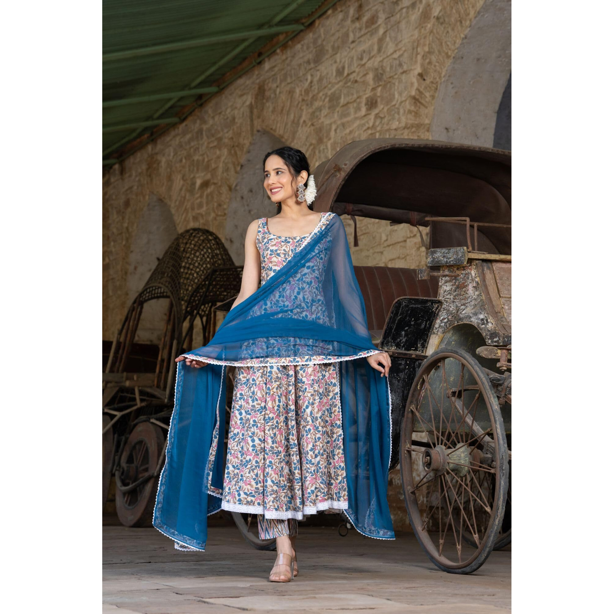 Gosriki Women's Rayon Blend Printed Anarkali Kurta With Pant & Dupatta (Ritu Blue-Gs_L_Blue_Large)