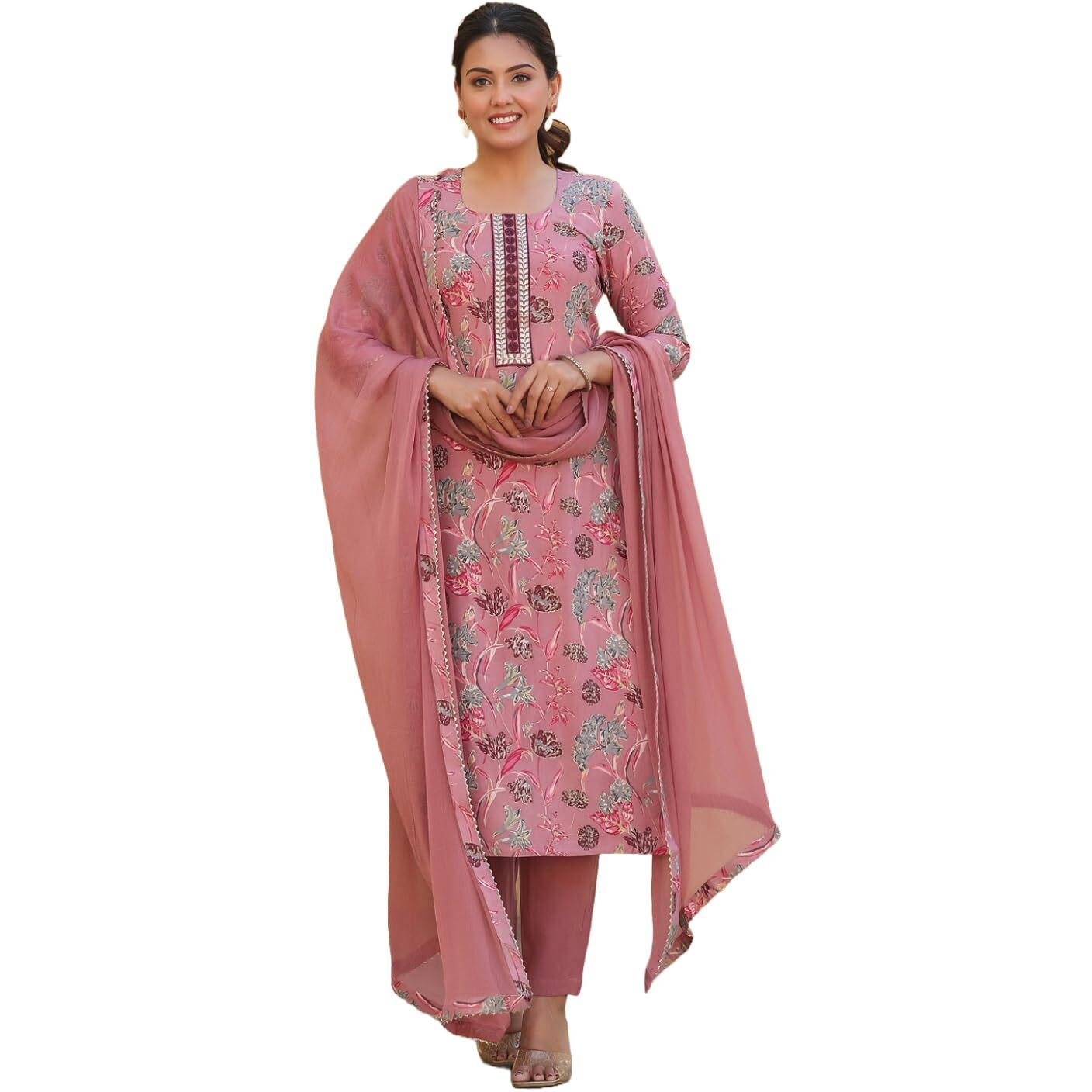 Gosriki Women's Rayon Blend Printed Straight Kurta With Pant & Dupatta (Vice Peach-Gs_5Xl_Peach_Xxxxx-Large)