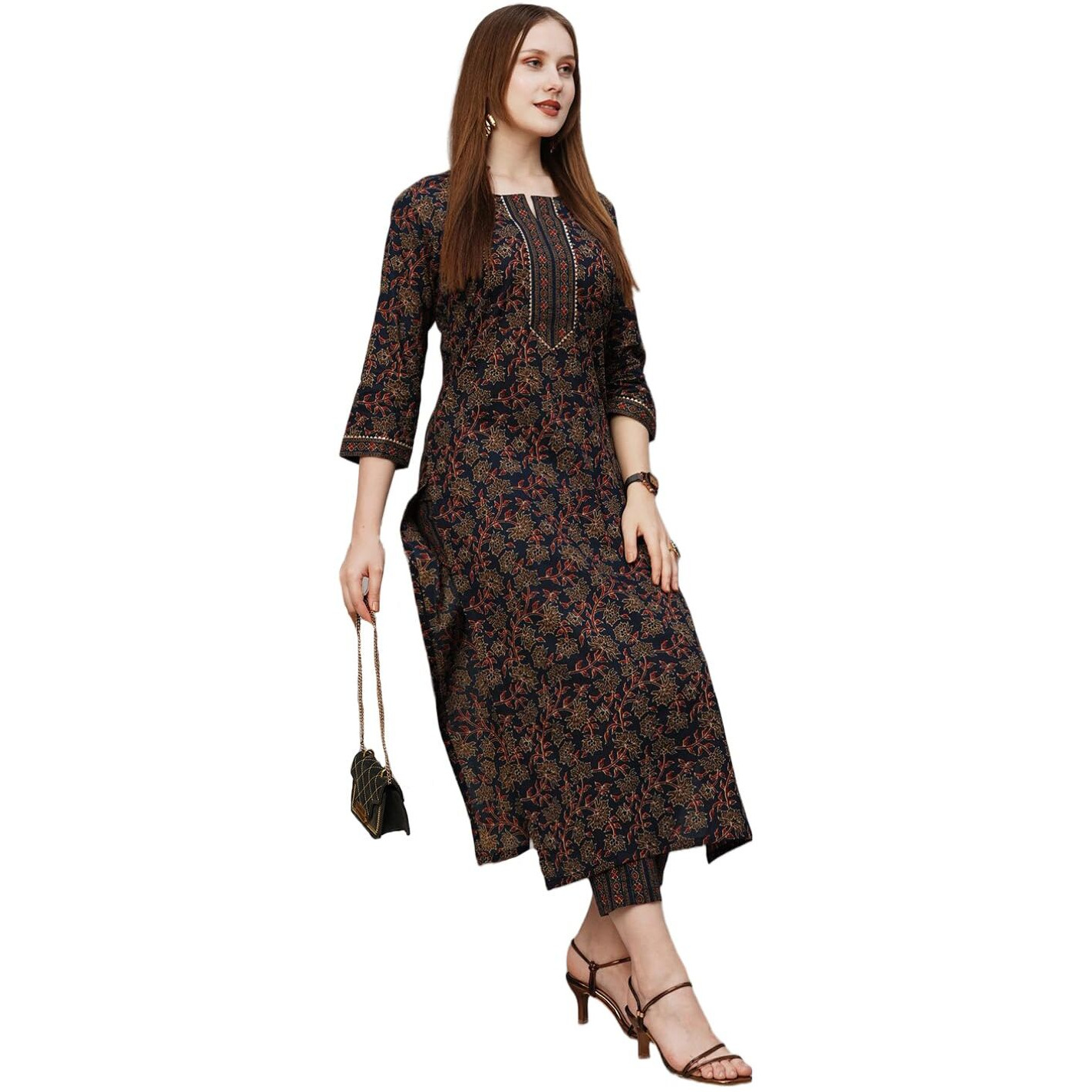 Gosriki Women's Cotton Blend Printed Straight Kurta With Pant (End Blue-Gs_S_Blue_Small)