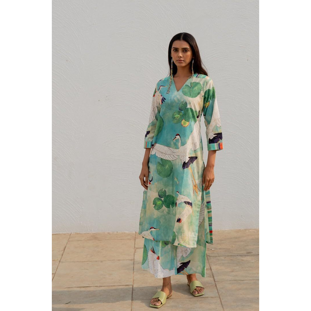 Gosriki Women's Cotton Blend Straight Printed Kurta With Palazzo (Swans See Green-Gs_Xl_See Green_X-Large)