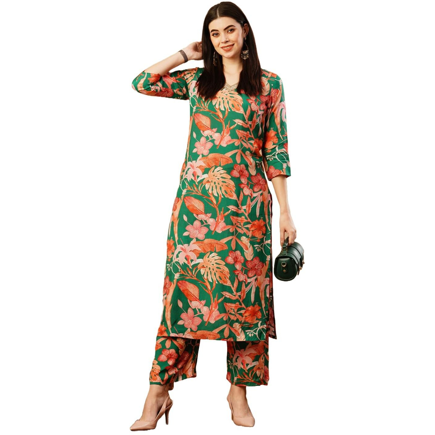 Gosriki Women's Cotton Blend Straight Printed Kurta With Palazzo (Chinki Green-Nw-Gs_M_Green_Medium)