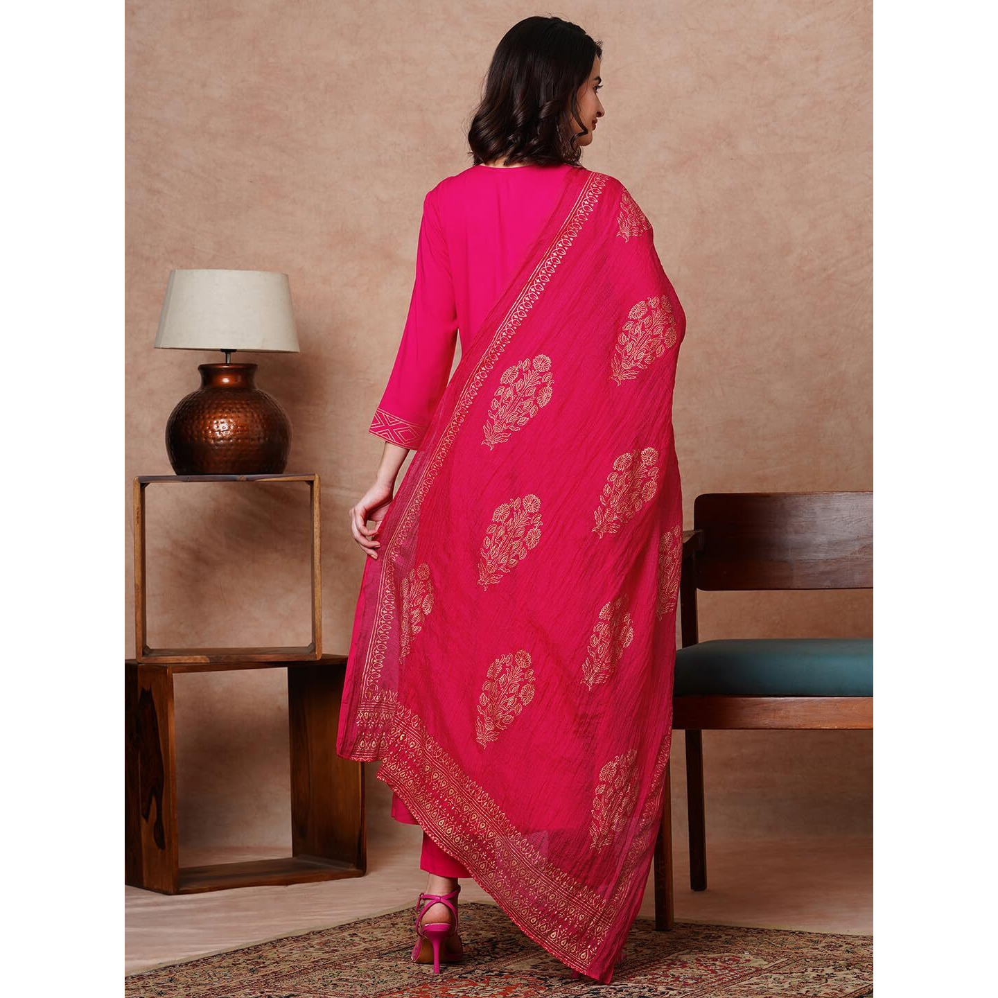 Gosriki Women's Rayon Blend Solid Anarkali Kurta With Pant & Dupatta (Magic-Pink-Ndm-Gs_M_Pink_Medium)