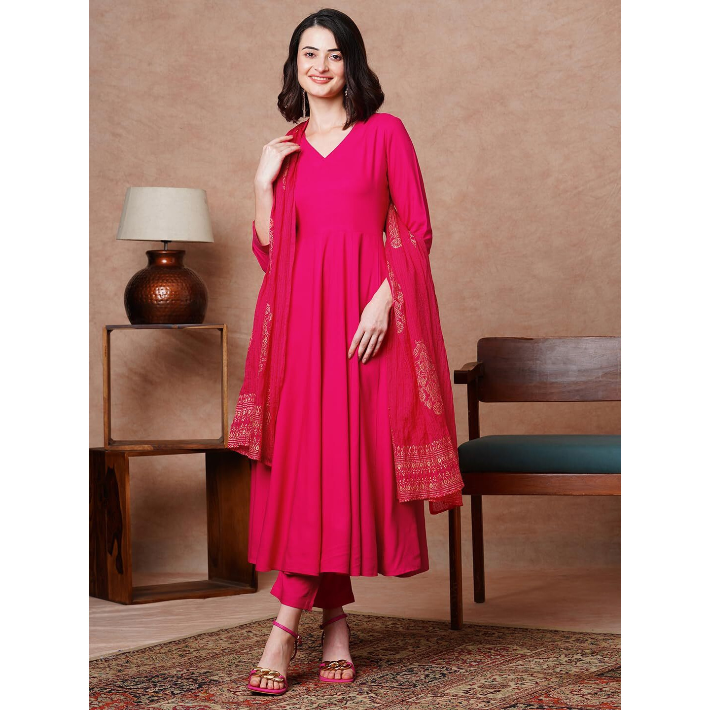 Gosriki Women's Rayon Blend Solid Anarkali Kurta With Pant & Dupatta (Magic-Pink-Ndm-Gs_M_Pink_Medium)