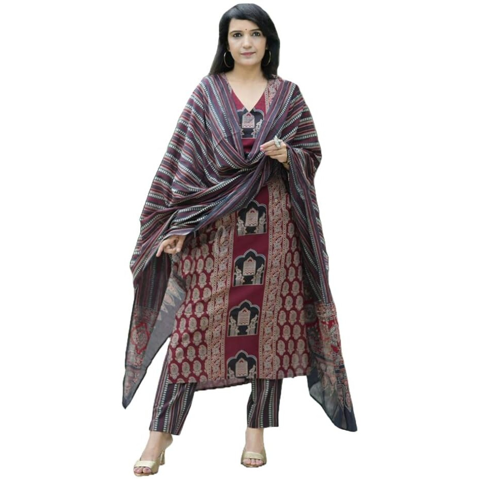 Gosriki Women's Rayon Viscose Printed Straight Kurta With Pant & Dupatta (Sarangpur Maroon-Gs_Xl_Maroon_X-Large)