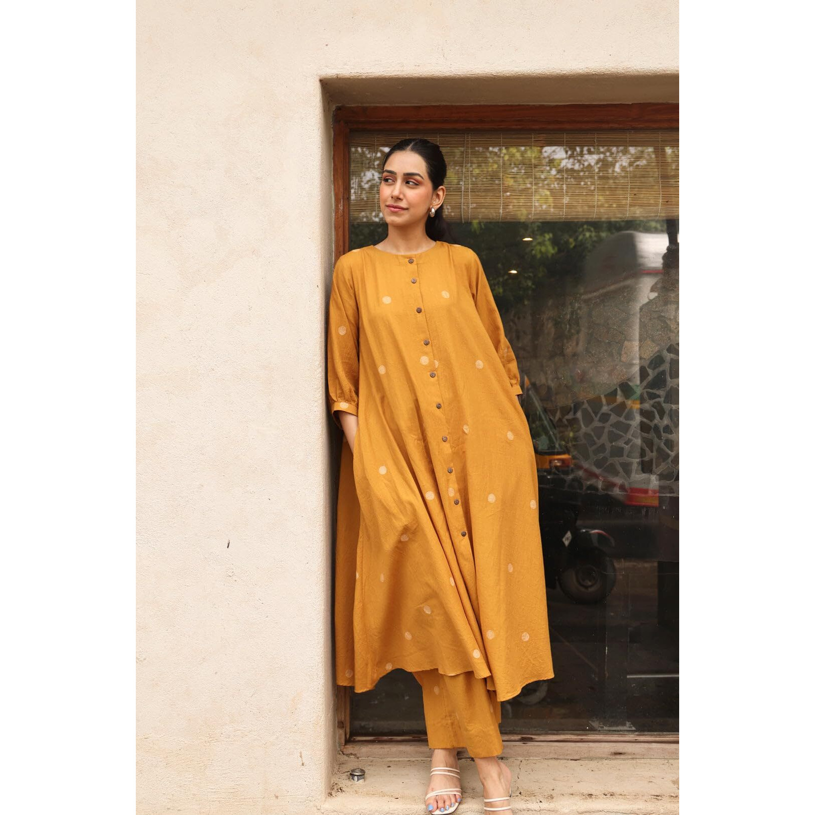 Gosriki Women's Rayon Viscose A-Line Printed Kurta With Palazzo (Khergam Yellow-Gs_M_Mustard_Medium)