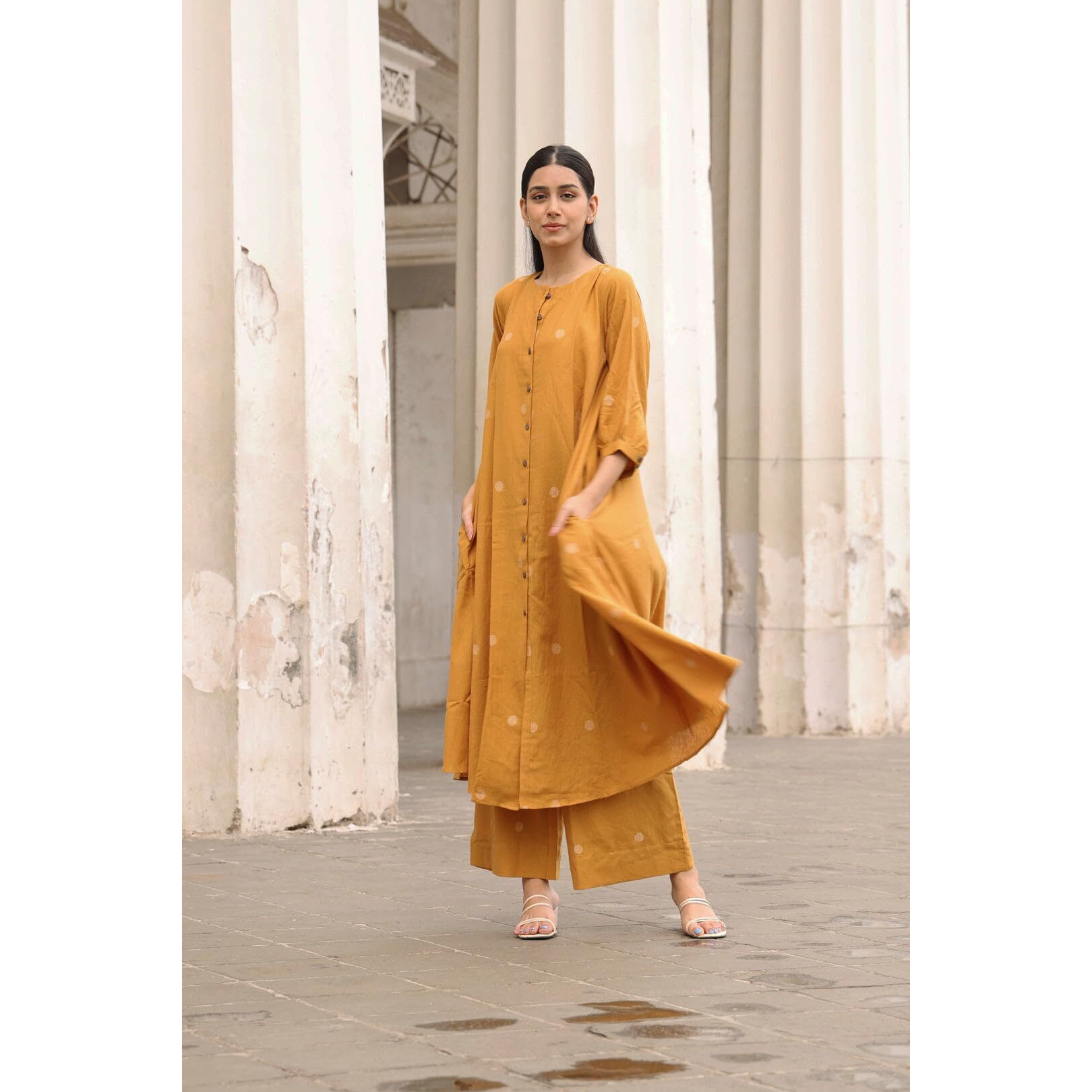 Gosriki Women's Rayon Viscose A-Line Printed Kurta With Palazzo (Khergam Yellow-Gs_M_Mustard_Medium)