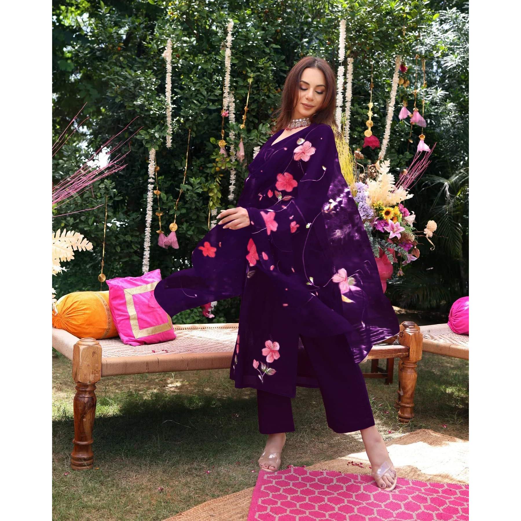 Gosriki Women's Rayon Viscose Printed Straight Kurta With Pant & Dupatta (Roka Begani-Gs_Xxl_Begani_Xx-Large)