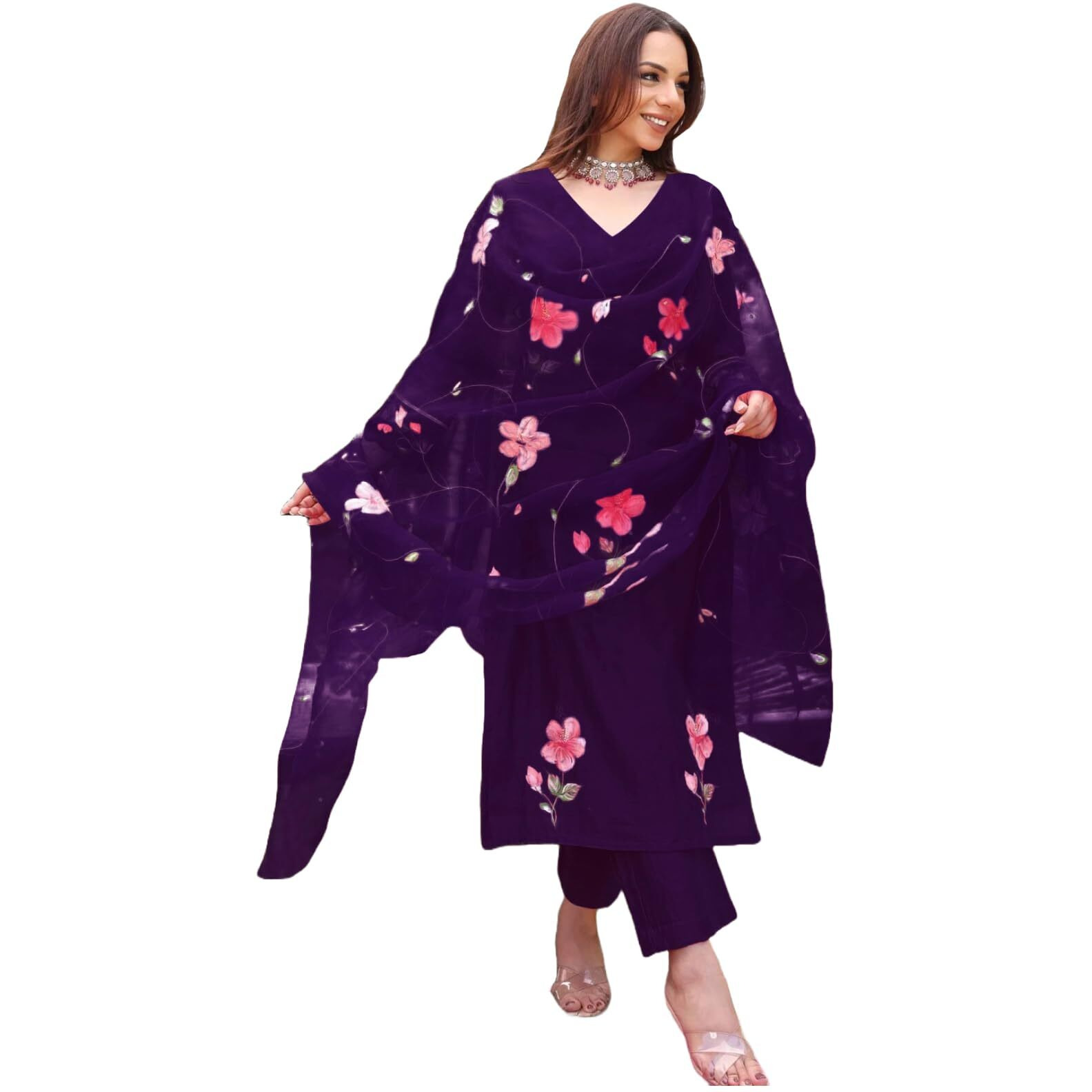 Gosriki Women's Rayon Viscose Printed Straight Kurta With Pant & Dupatta (Roka Begani-Gs_M_Begani_Medium)