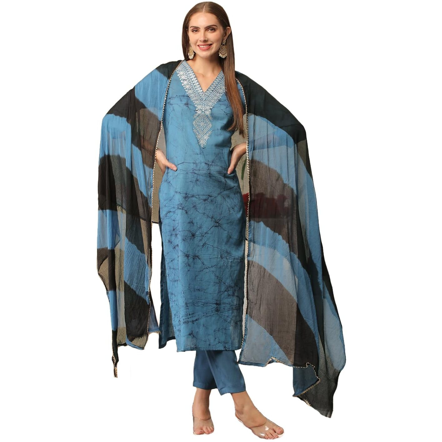 Gosriki Women's Cotton Blend Printed Straight Kurta With Pant & Dupatta (Suhana Blue-Gs_M_Blue_Medium)