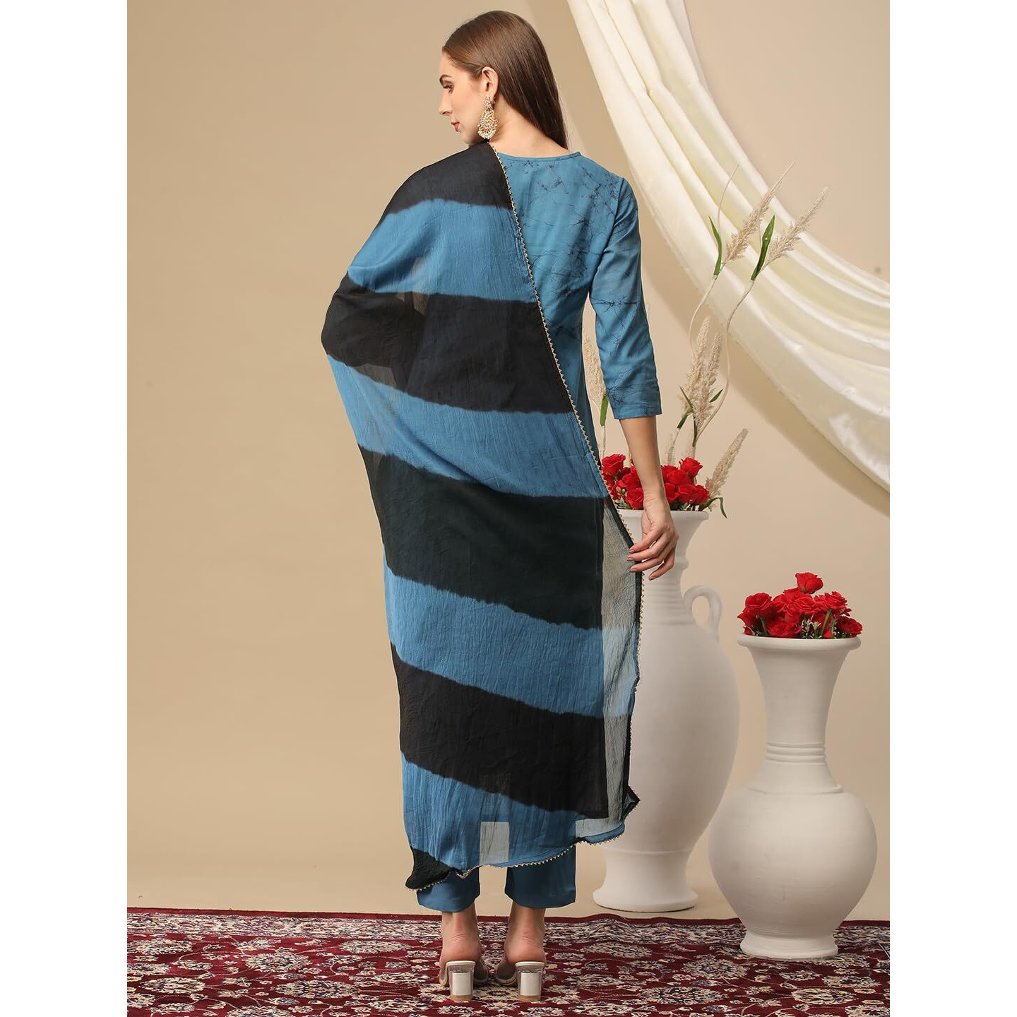 Gosriki Women's Cotton Blend Printed Straight Kurta With Pant & Dupatta (Suhana Blue-Gs_M_Blue_Medium)