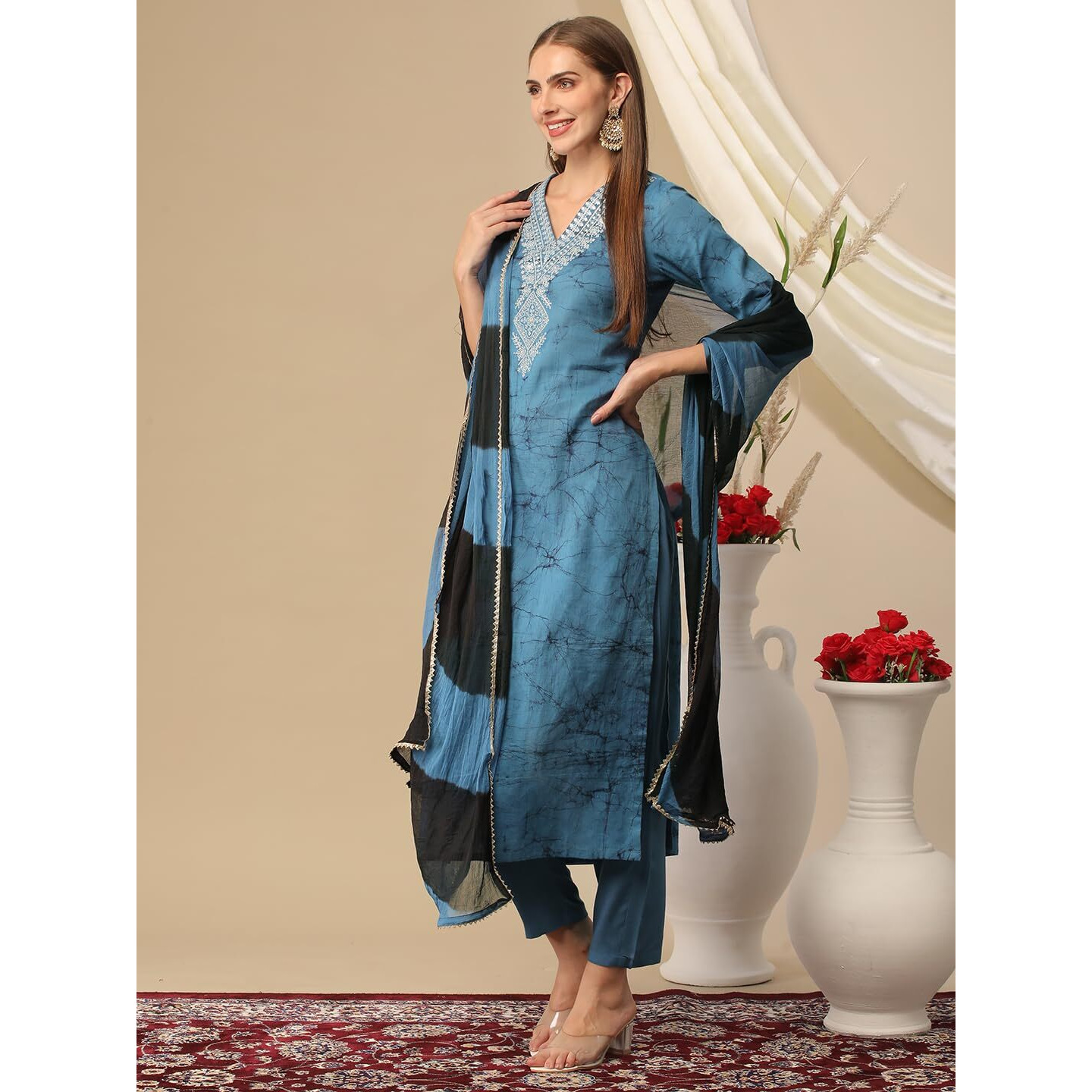 Gosriki Women's Cotton Blend Printed Straight Kurta With Pant & Dupatta (Suhana Blue-Gs_M_Blue_Medium)
