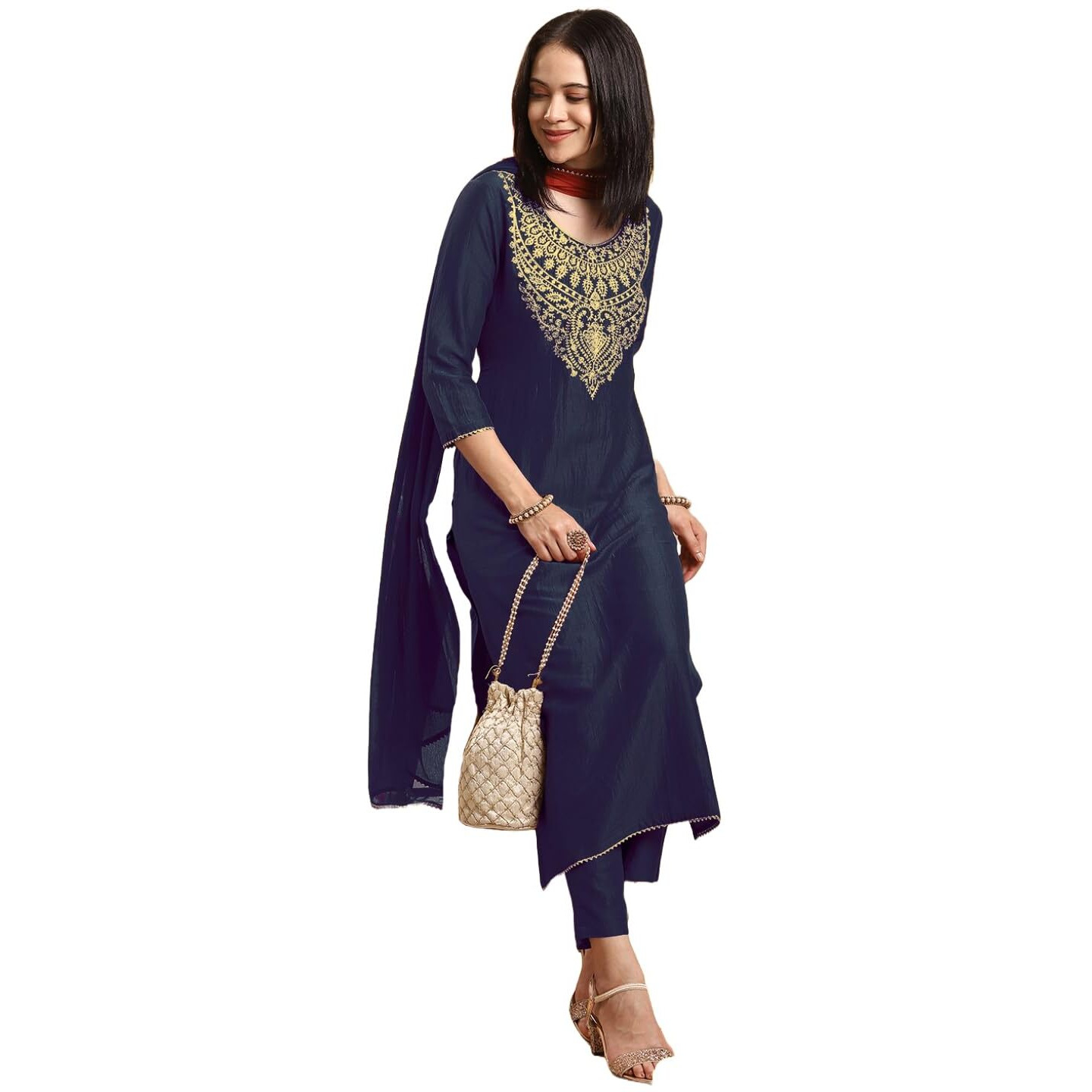 Gosriki Women's Rayon Viscose Straight Embroidered Kurta With Pant & Dupatta (Galpatiyo Navy Blue-Gs_M_Navy Blue_Medium)